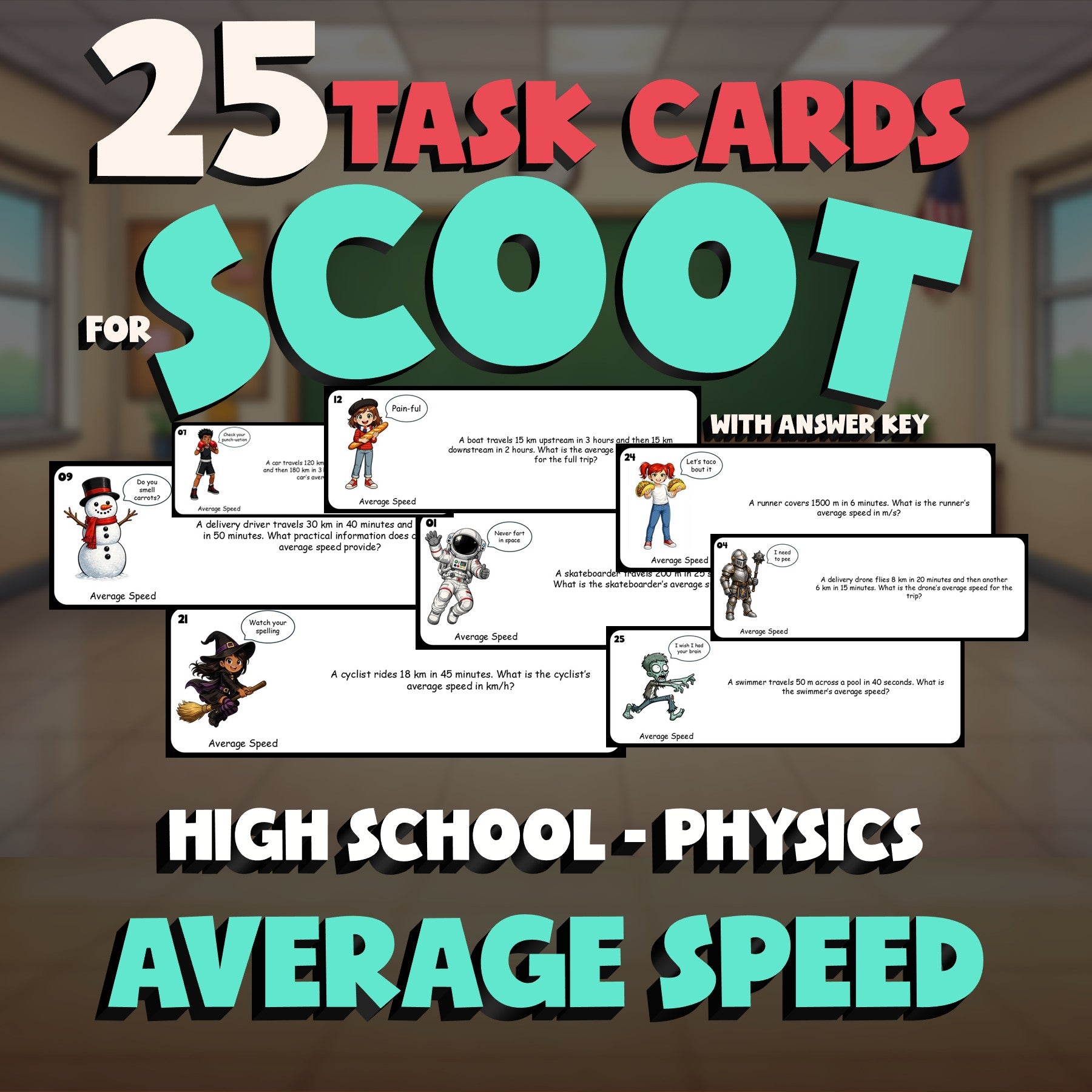 Average Speed SCOOT TASK CARDS Science Game - No Prep Physics Review Activity