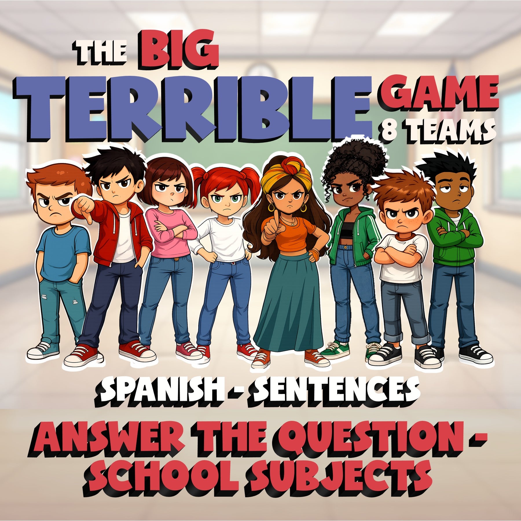 Answer the Question - School Subjects BIG TERRIBLE GAME - Spanish Exercise