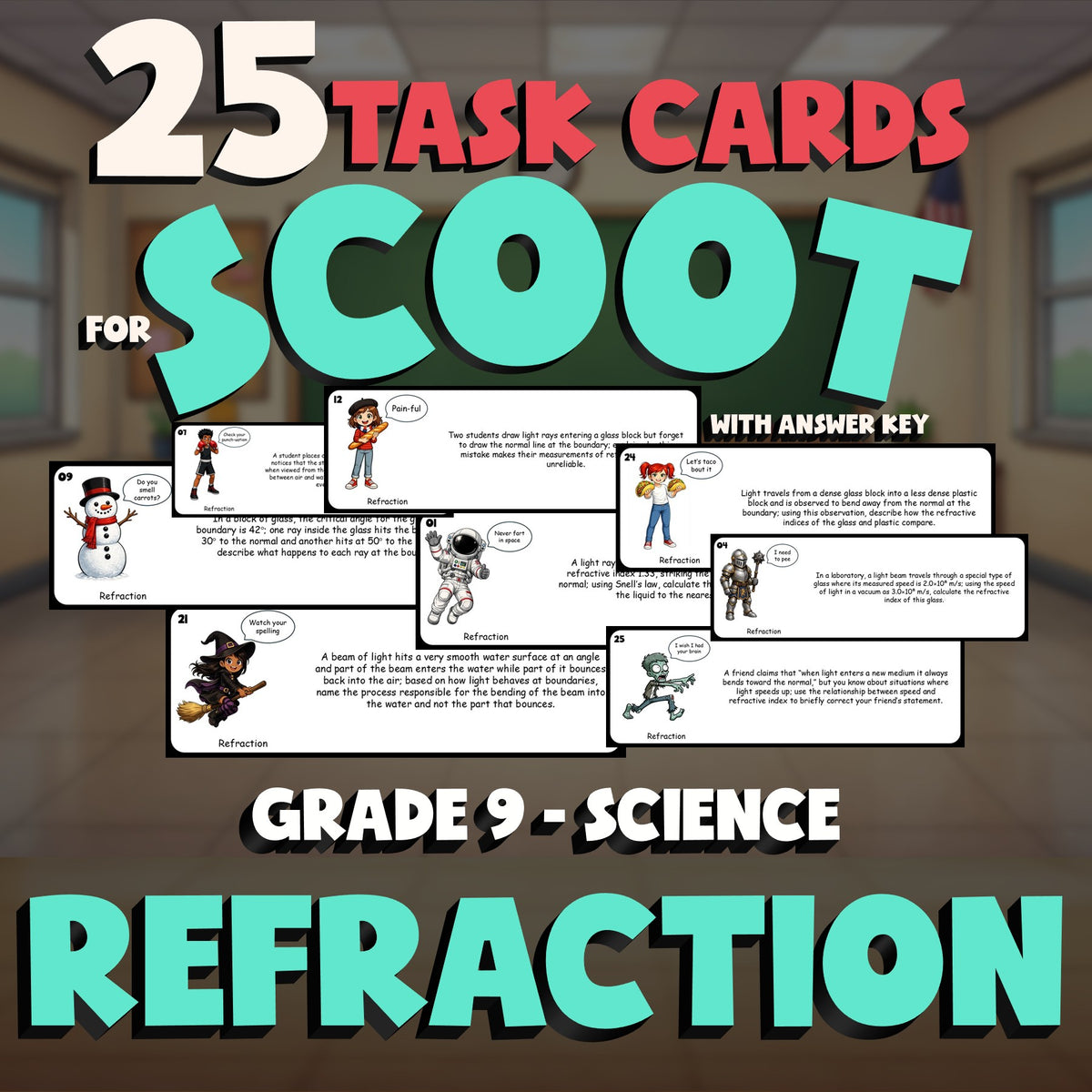 Refraction SCOOT TASK CARDS Science Game - No Prep Grade 9 Review Activity