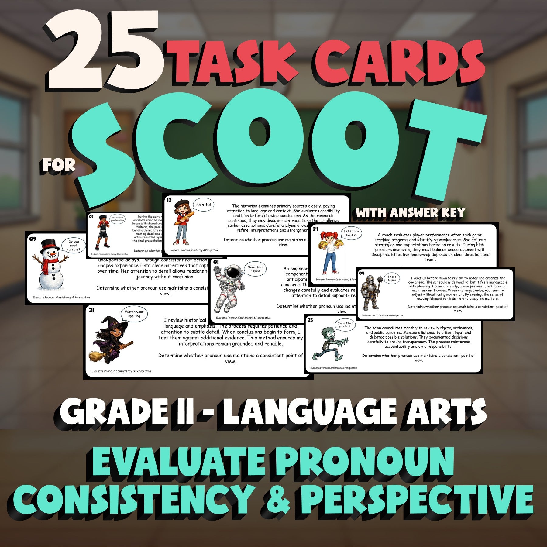 Evaluate Pronoun Consistency & Perspective SCOOT TASK CARDS ELA Game - Grade 11