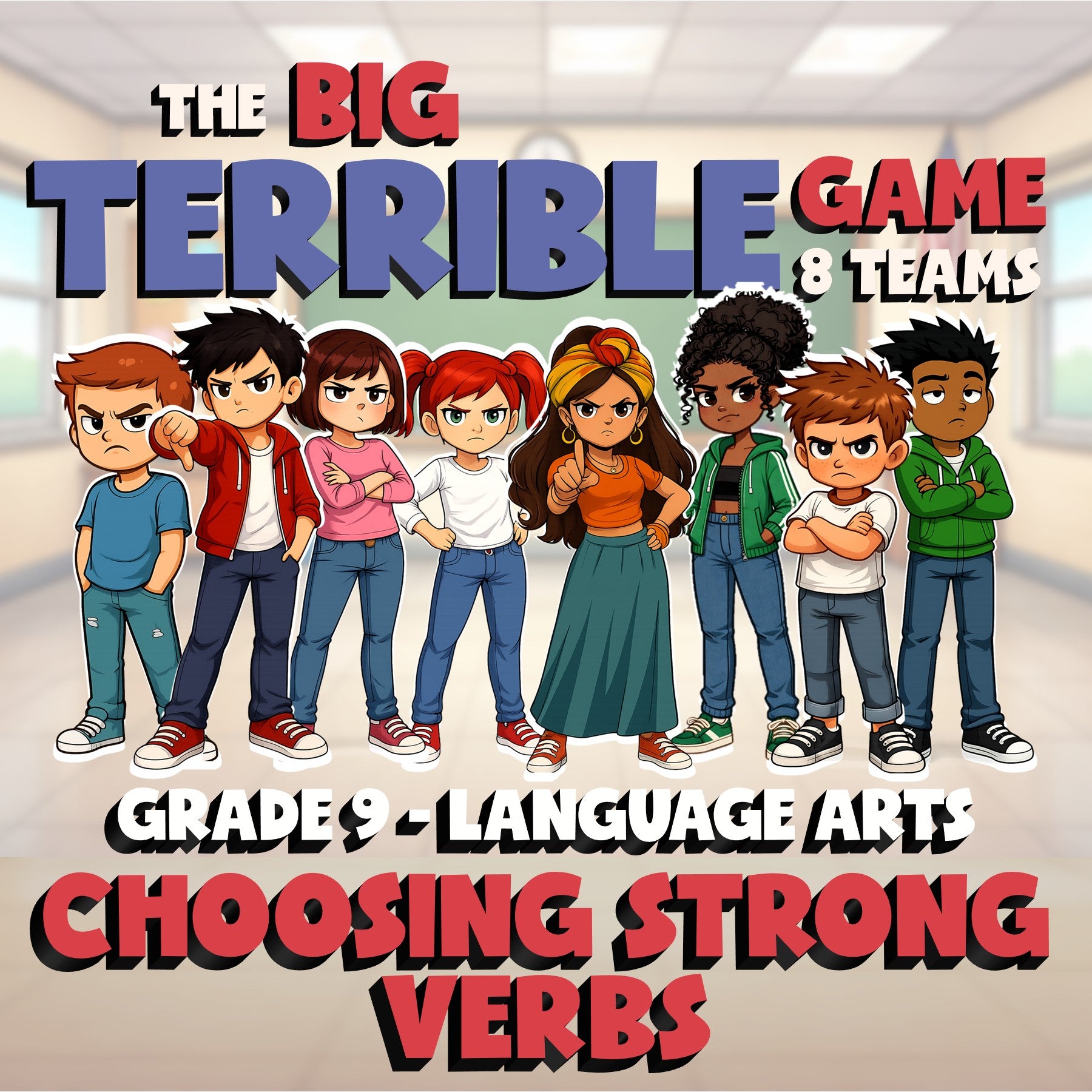 Choosing Strong Verbs BIG TERRIBLE GAME - No Prep Grade 9 ELA Review Activity