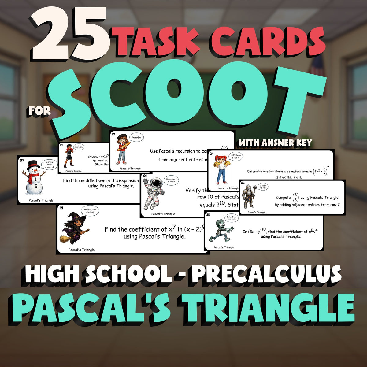 Pascal's Triangle SCOOT TASK CARDS Math Game - No Prep PreCalculus Review