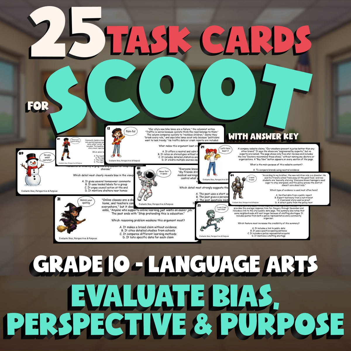 Evaluate Bias, Perspective & Purpose SCOOT TASK CARDS ELA Game - Grade 10