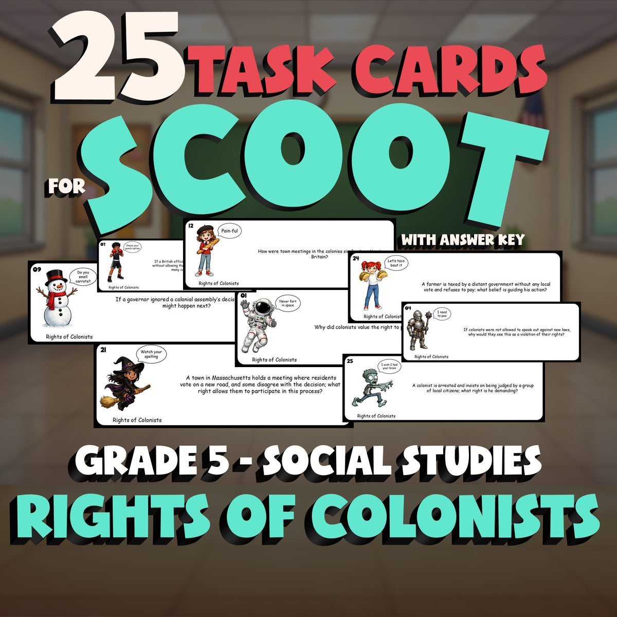 Rights of Colonists SCOOT TASK CARDS Socials Game - No Prep Grade 5 Review