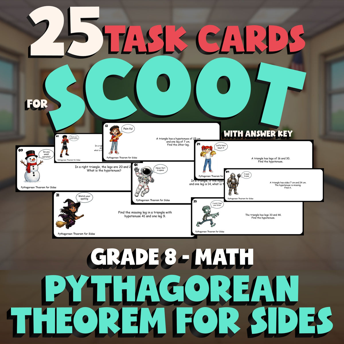 Pythagorean Theorem for Sides SCOOT TASK CARDS Math Game - No Prep Grade 8