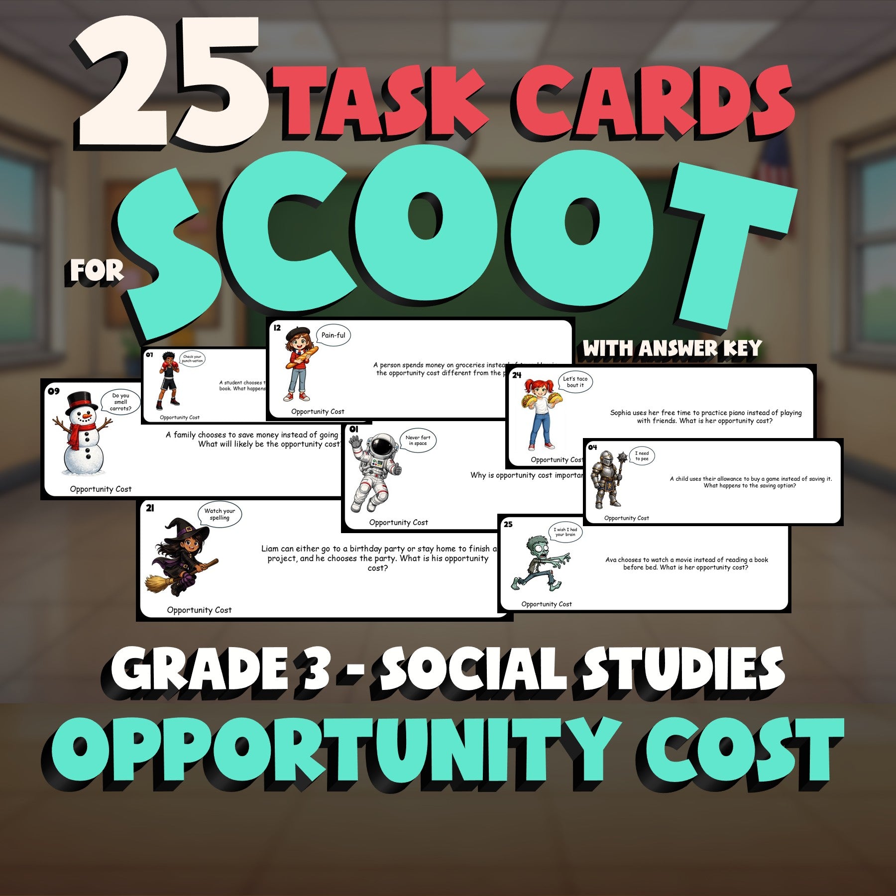 Opportunity Cost SCOOT TASK CARDS Socials Game - No Prep Grade 3 Review Activity