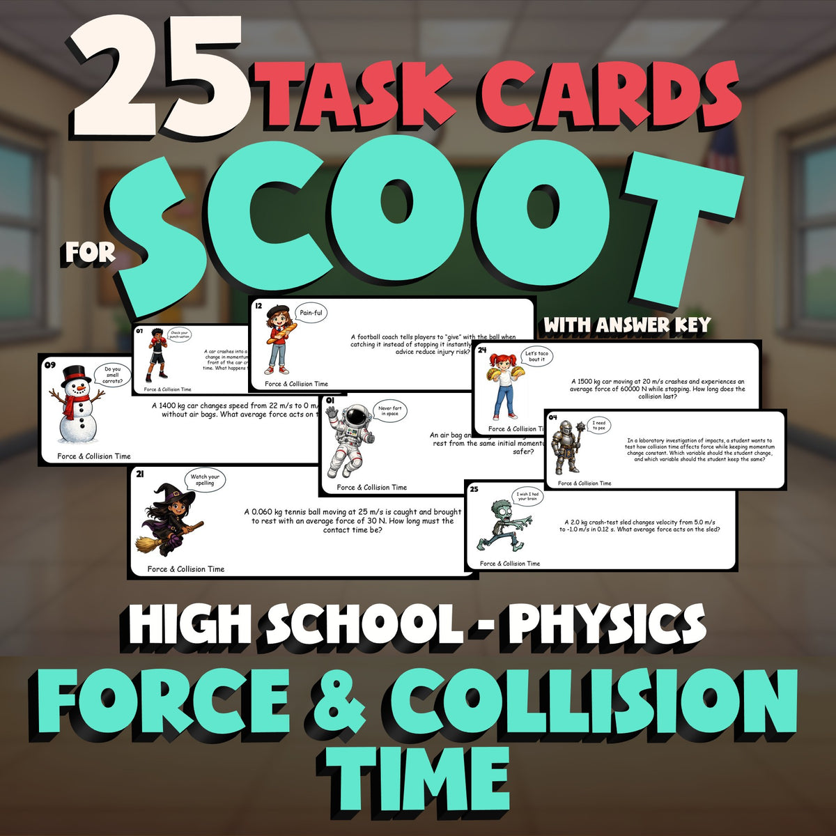 Force & Collision Time SCOOT TASK CARDS Science Game - No Prep Physics Review