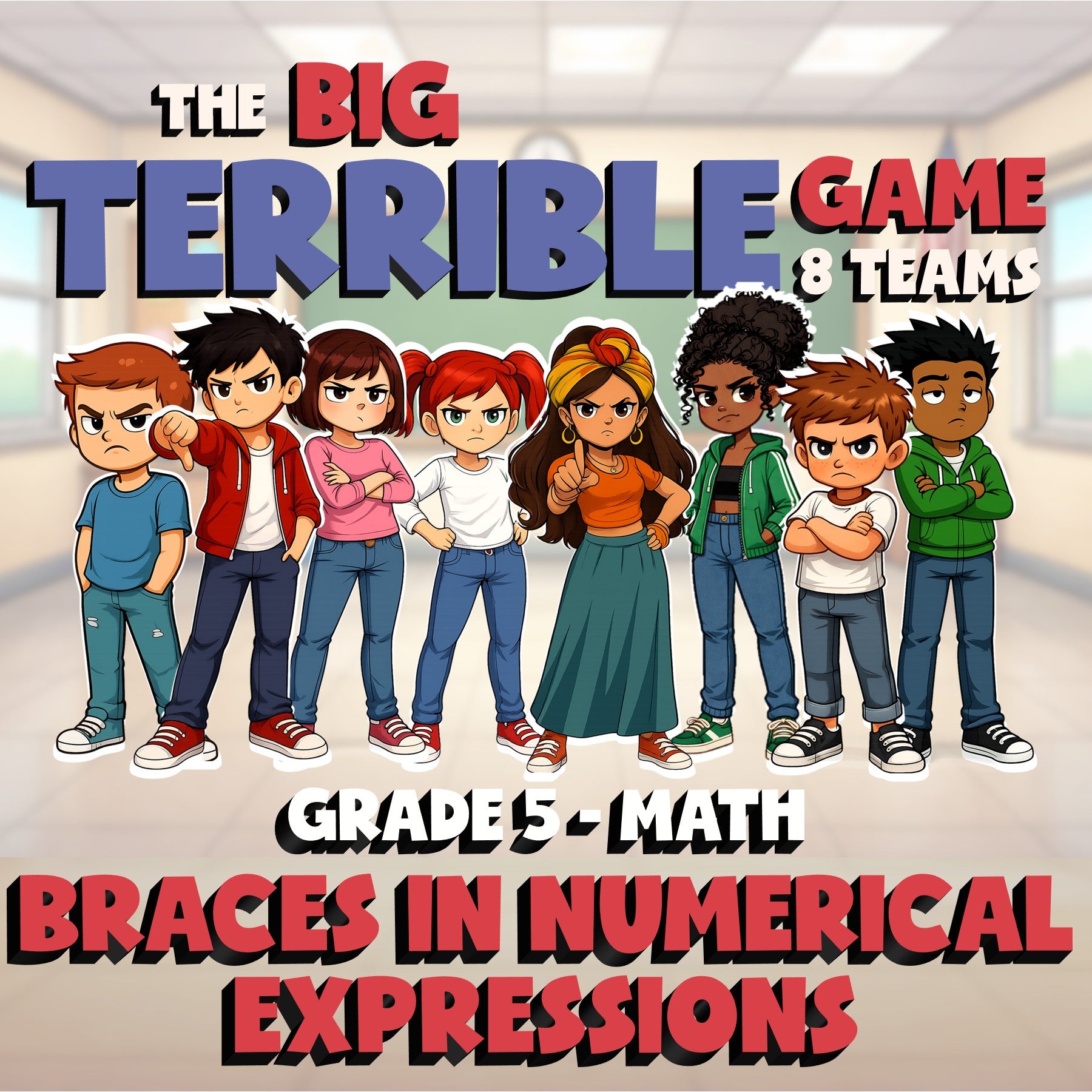 Braces in Numerical Expressions BIG TERRIBLE GAME - No Prep Grade 5 Math Review