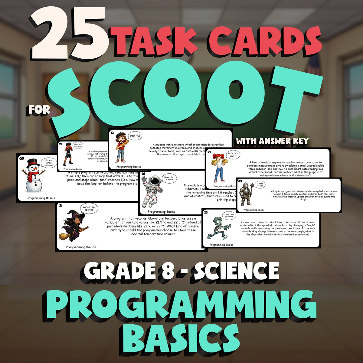 Programming Basics SCOOT TASK CARDS Science Game - No Prep Grade 8 Review