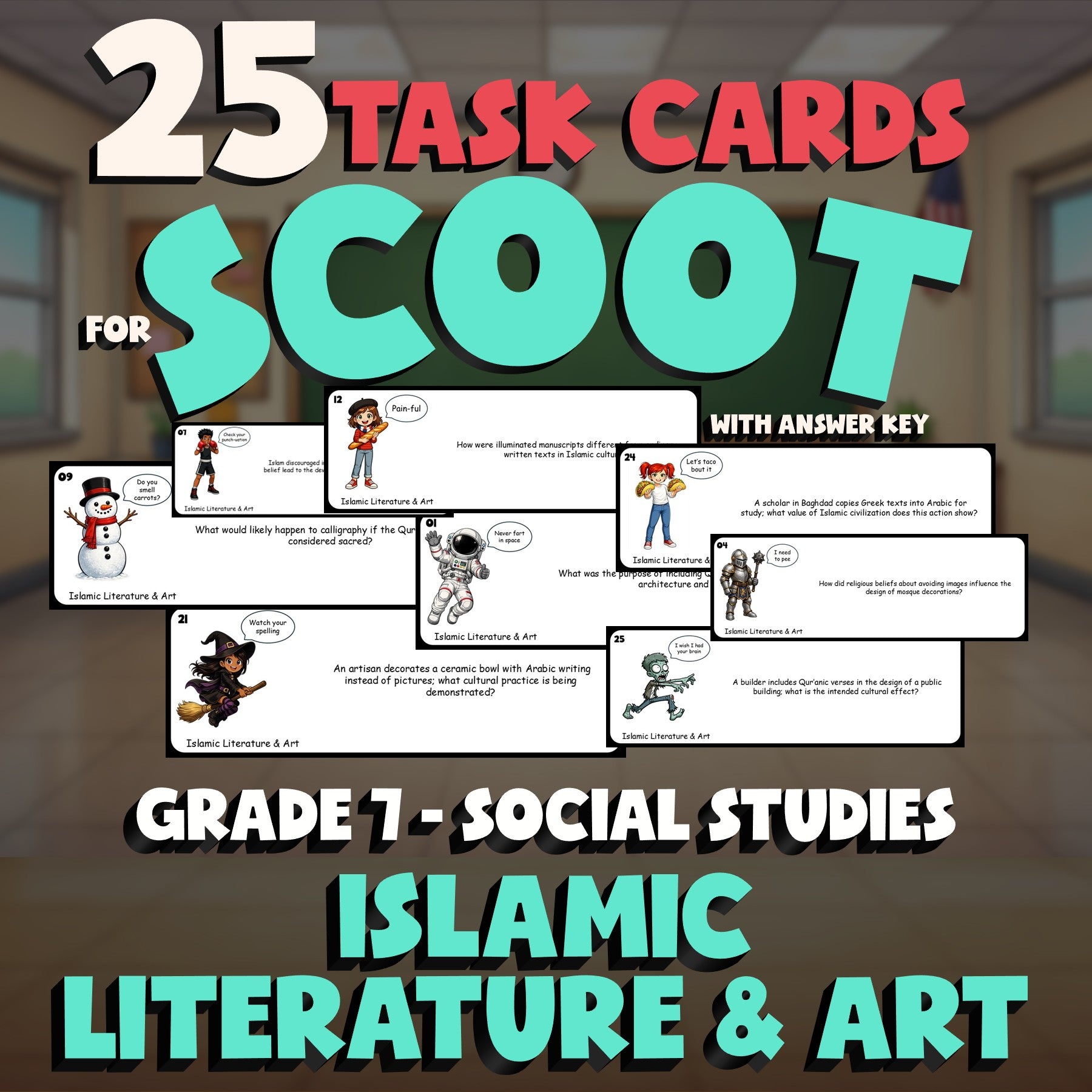 Islamic Literature & Art SCOOT TASK CARDS Socials Game - No Prep Grade 7 Review