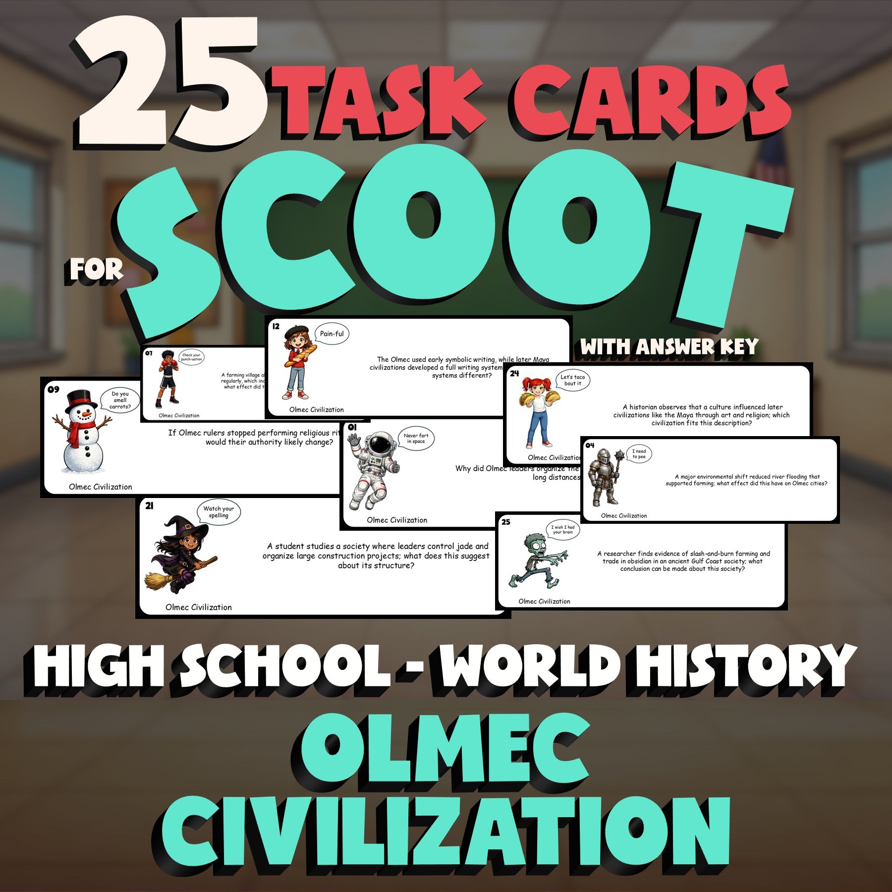 Olmec Civilization SCOOT TASK CARDS Game - No Prep World History Review Activity