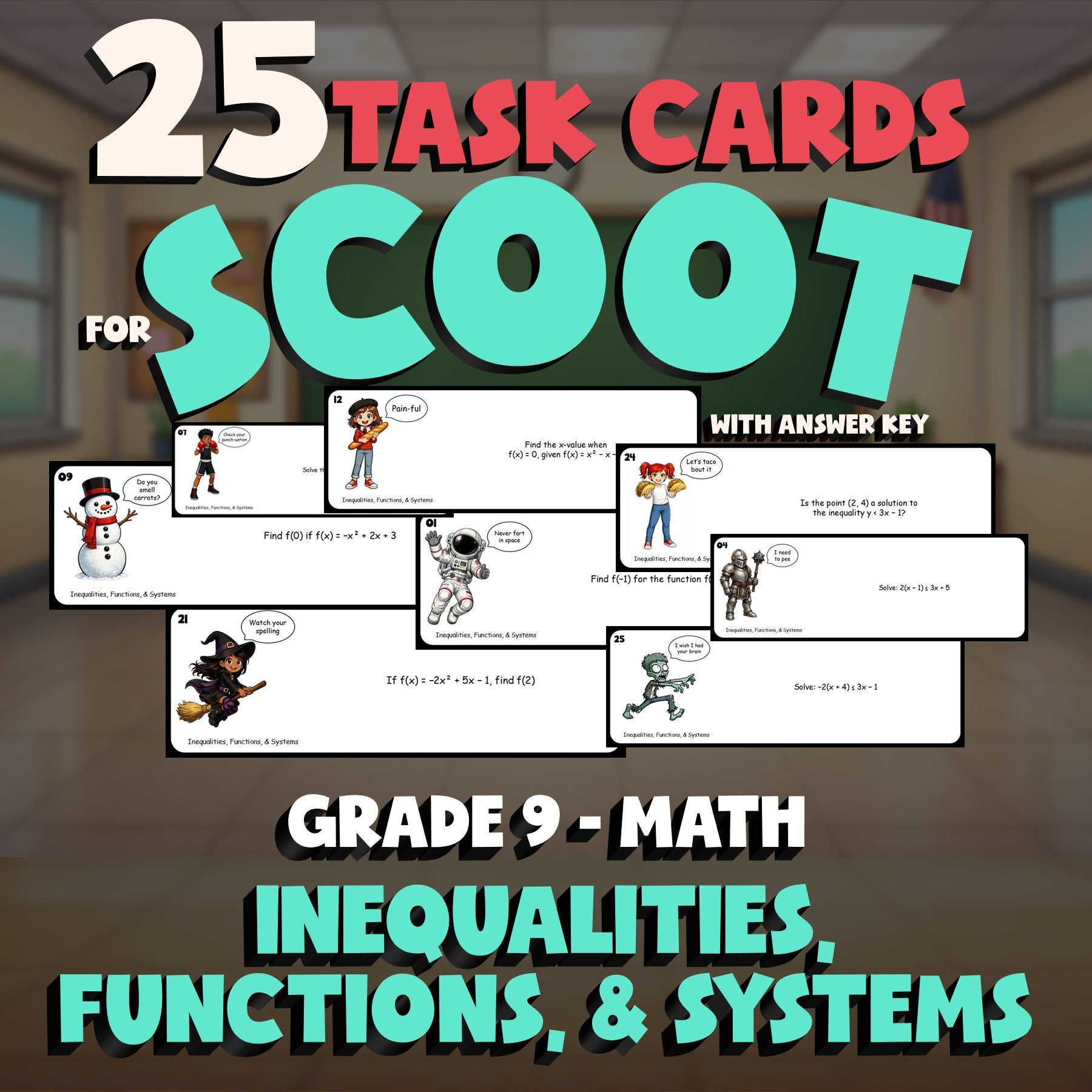 Inequalities, Functions, & Systems SCOOT TASK CARDS Math Game - No Prep Grade 9