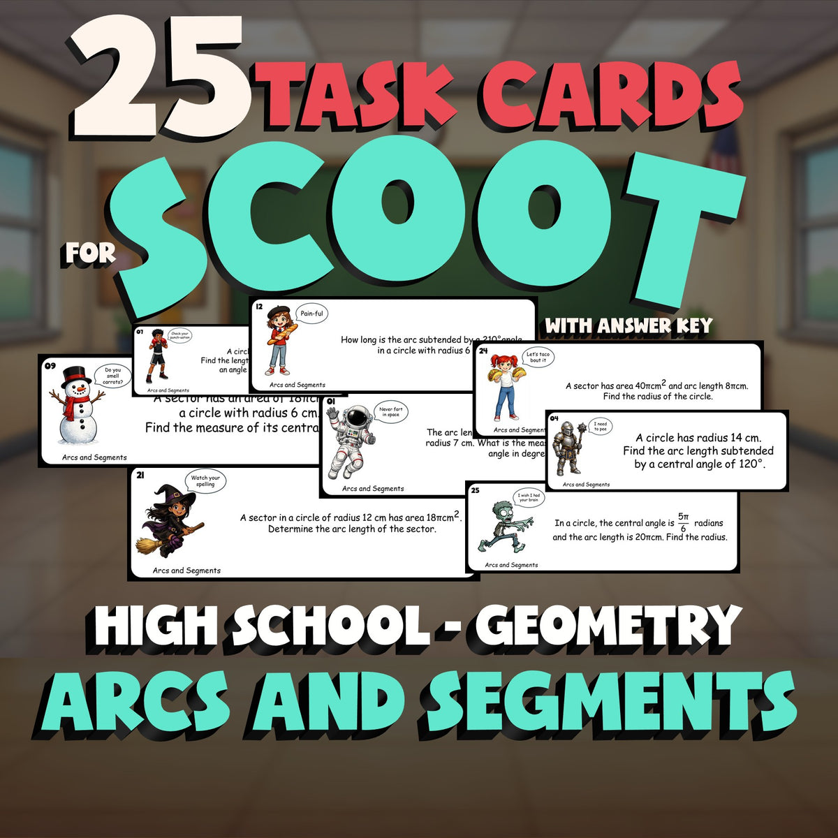 Arcs and Segments SCOOT TASK CARDS Math Game - No Prep Geometry Review Activity