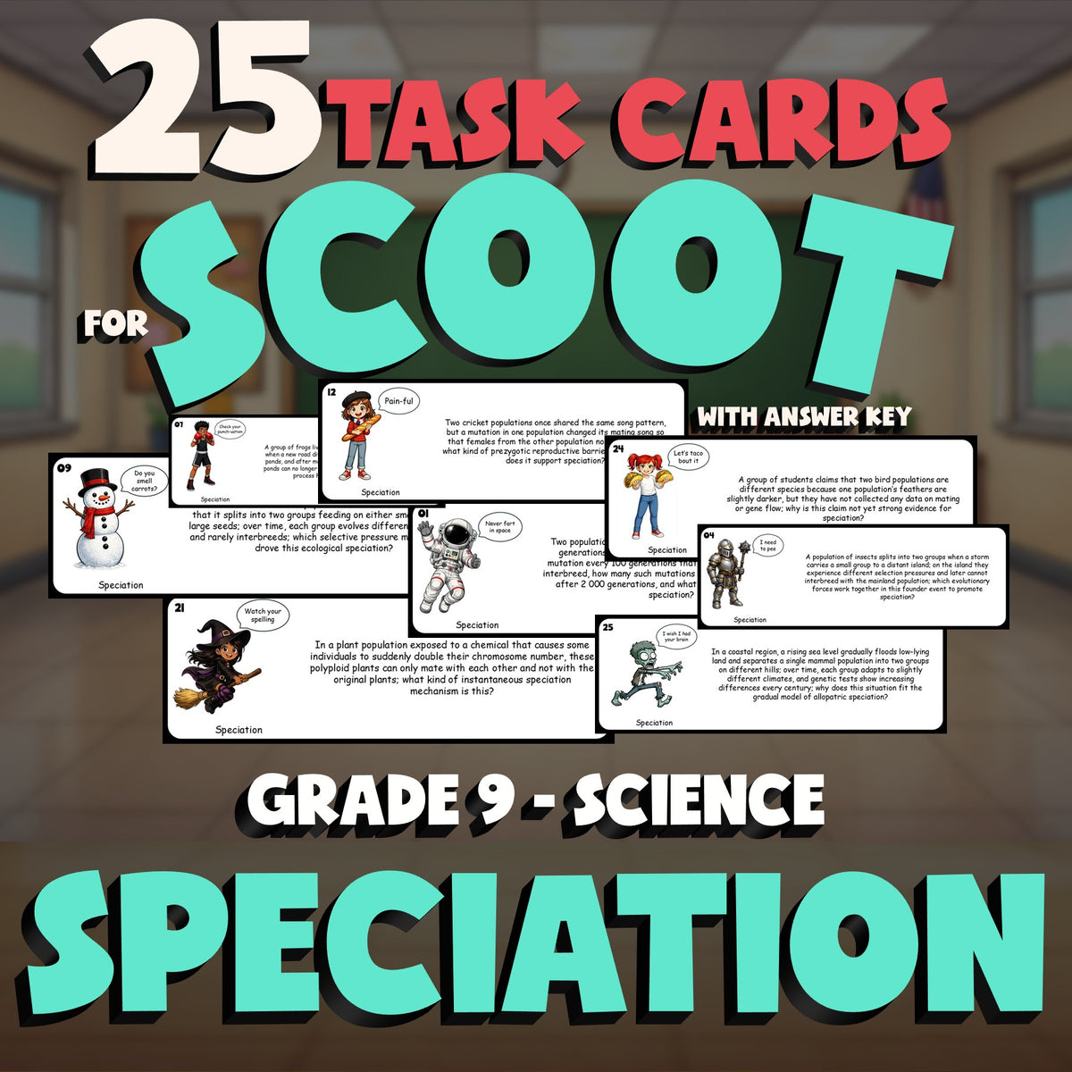 Speciation SCOOT TASK CARDS Science Game - No Prep Grade 9 Review Activity