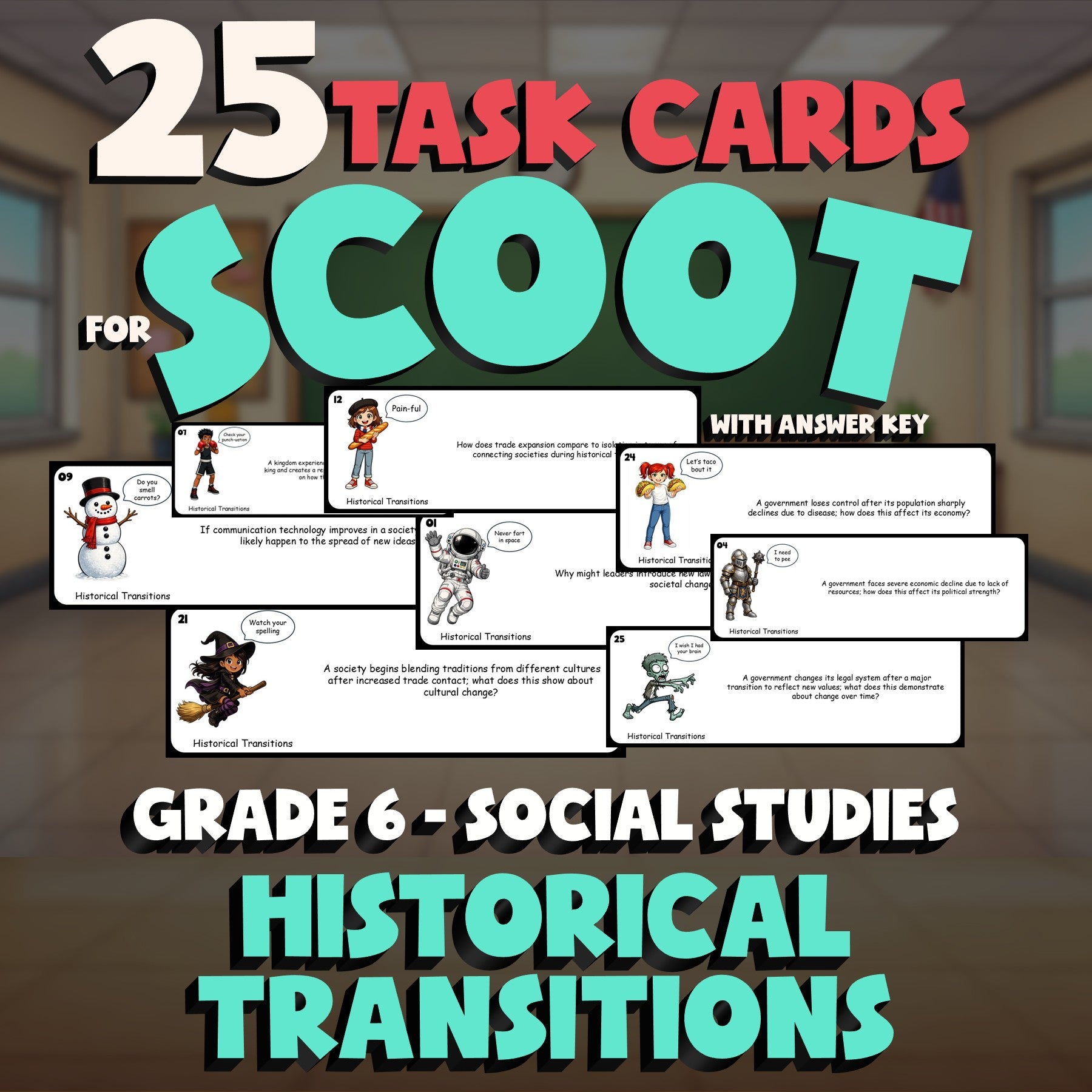 Historical Transitions SCOOT TASK CARDS Socials Game - No Prep Grade 6 Review