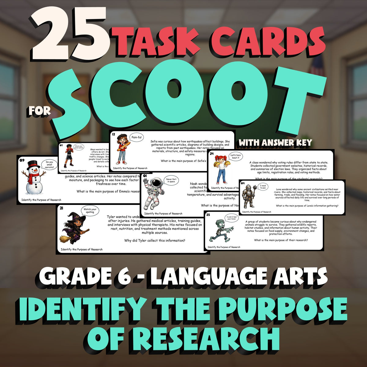 Identify the Purpose of Research SCOOT TASK CARDS ELA Game - No Prep Grade 6