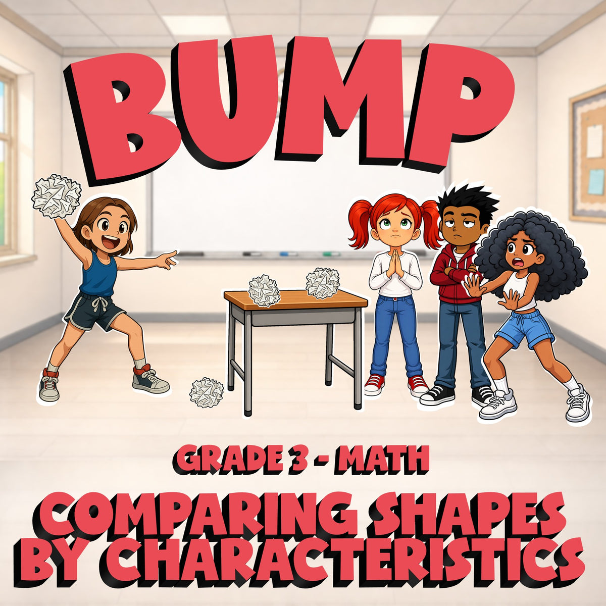Comparing Shapes by Characteristics BUMP Math Game - No Prep Grade 3 Review