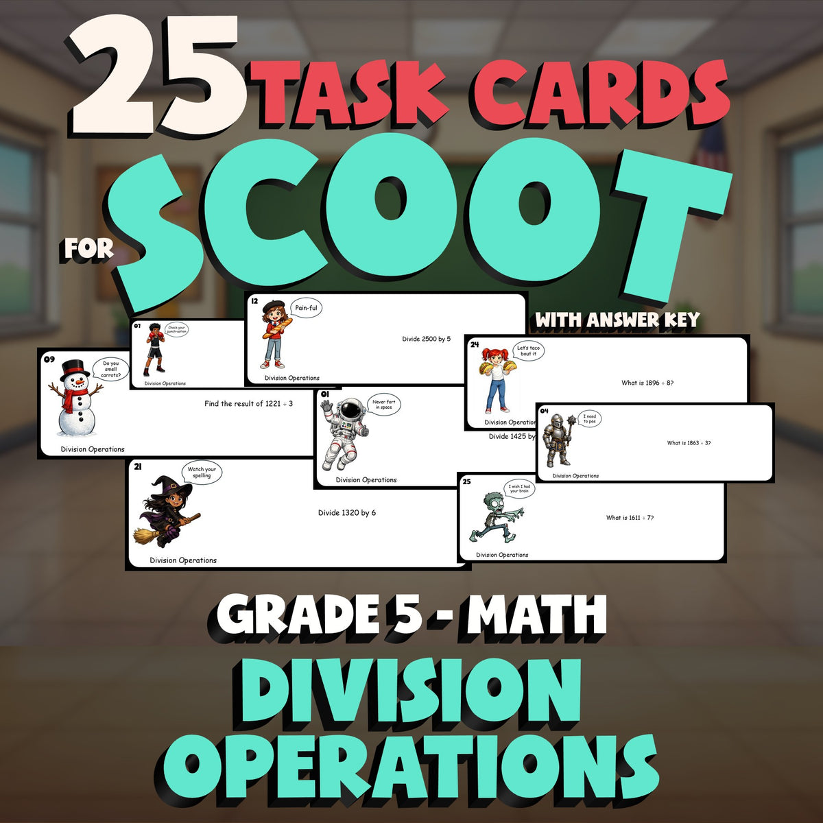 Division Operations SCOOT TASK CARDS Math Game - No Prep Grade 5 Review Activity