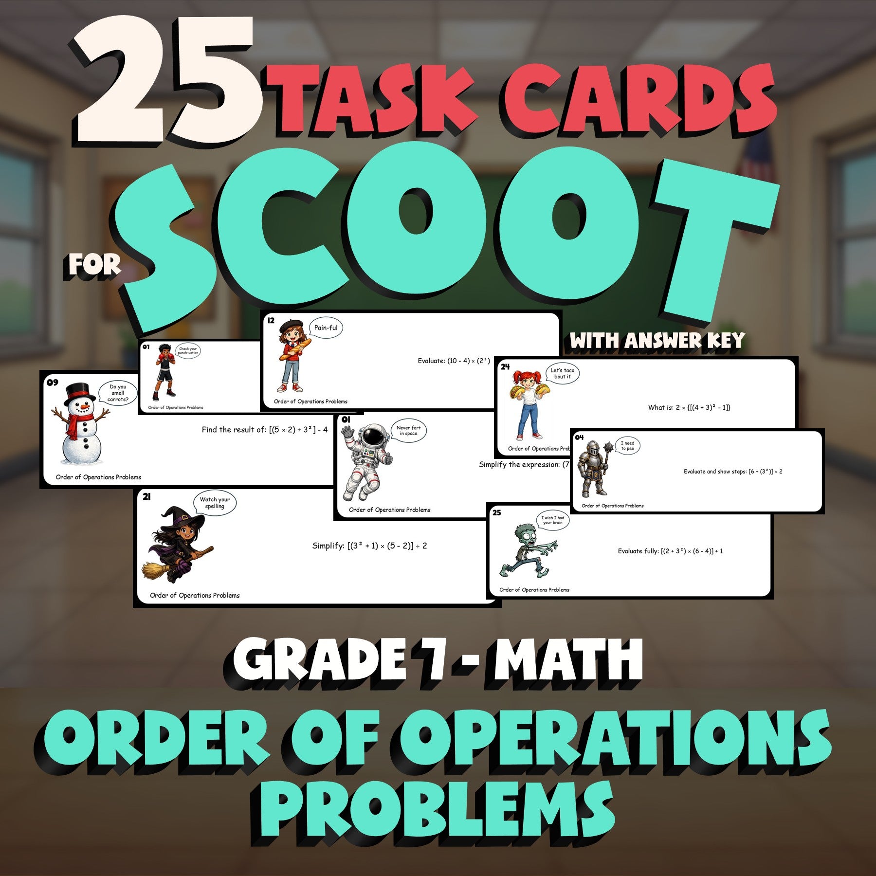 Order of Operations Problems SCOOT TASK CARDS Math Game - No Prep Grade 7 Review