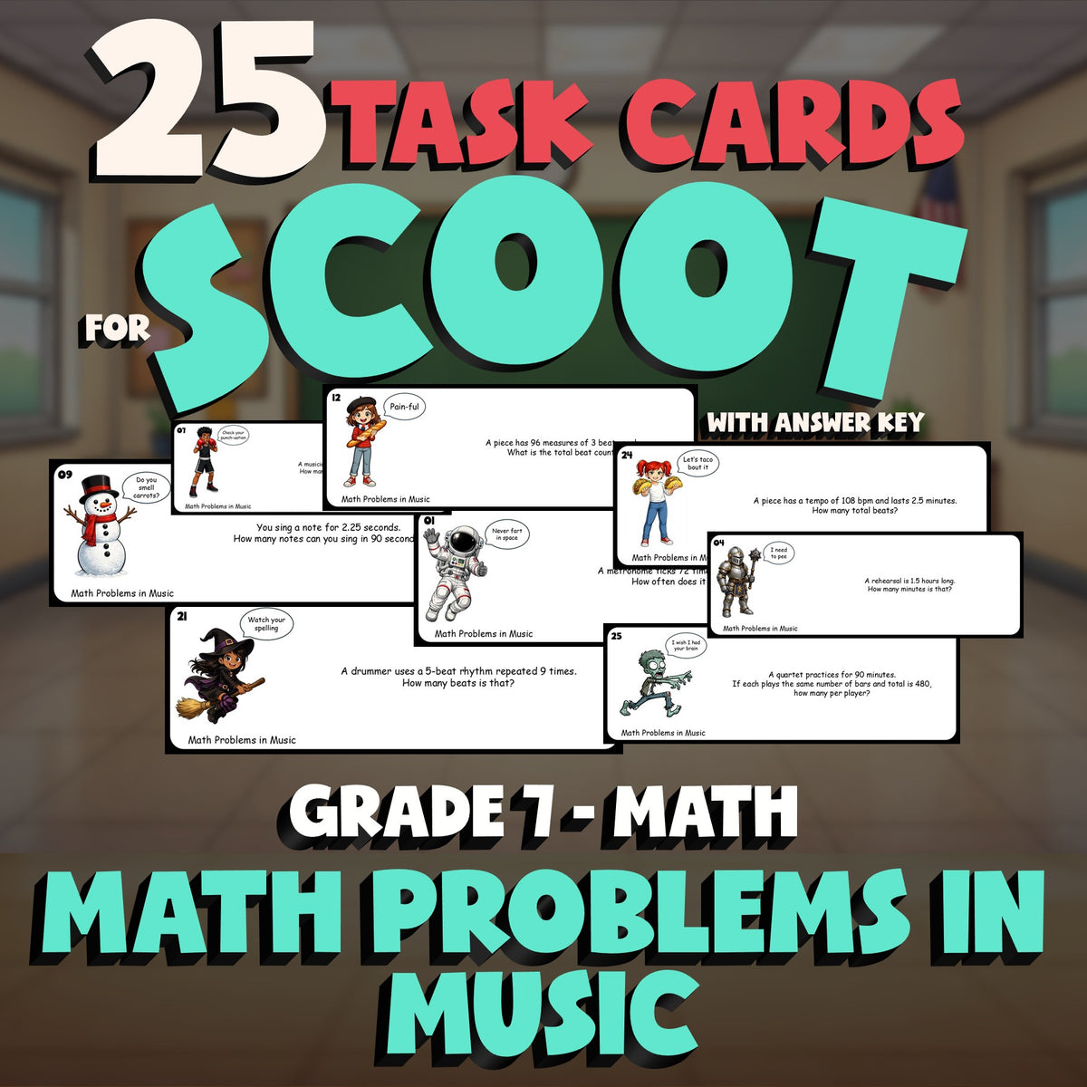 Math Problems in Music SCOOT TASK CARDS Math Game - No Prep Grade 7 Review