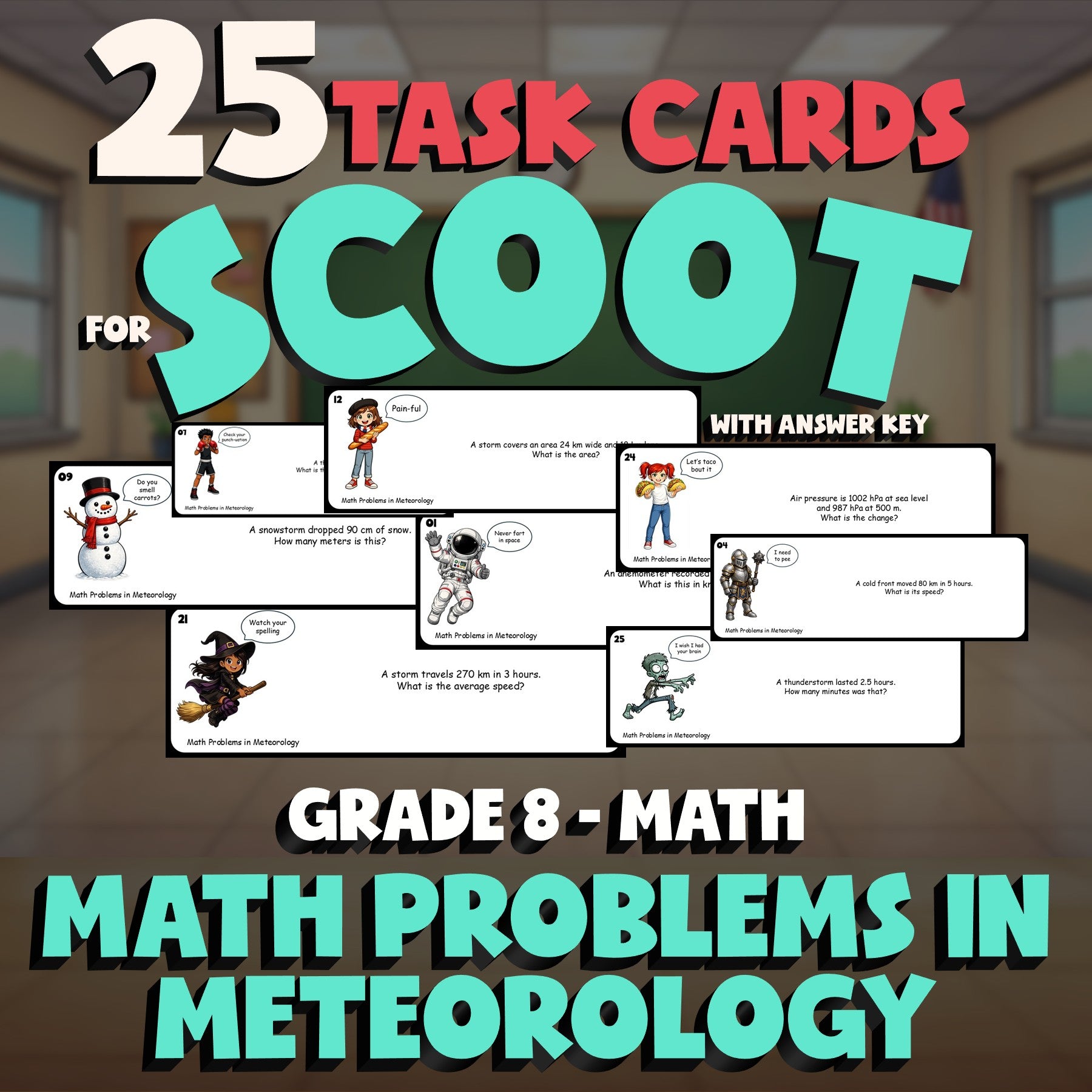 Math Problems in Meteorology SCOOT TASK CARDS Math Game - No Prep Grade 8 Review