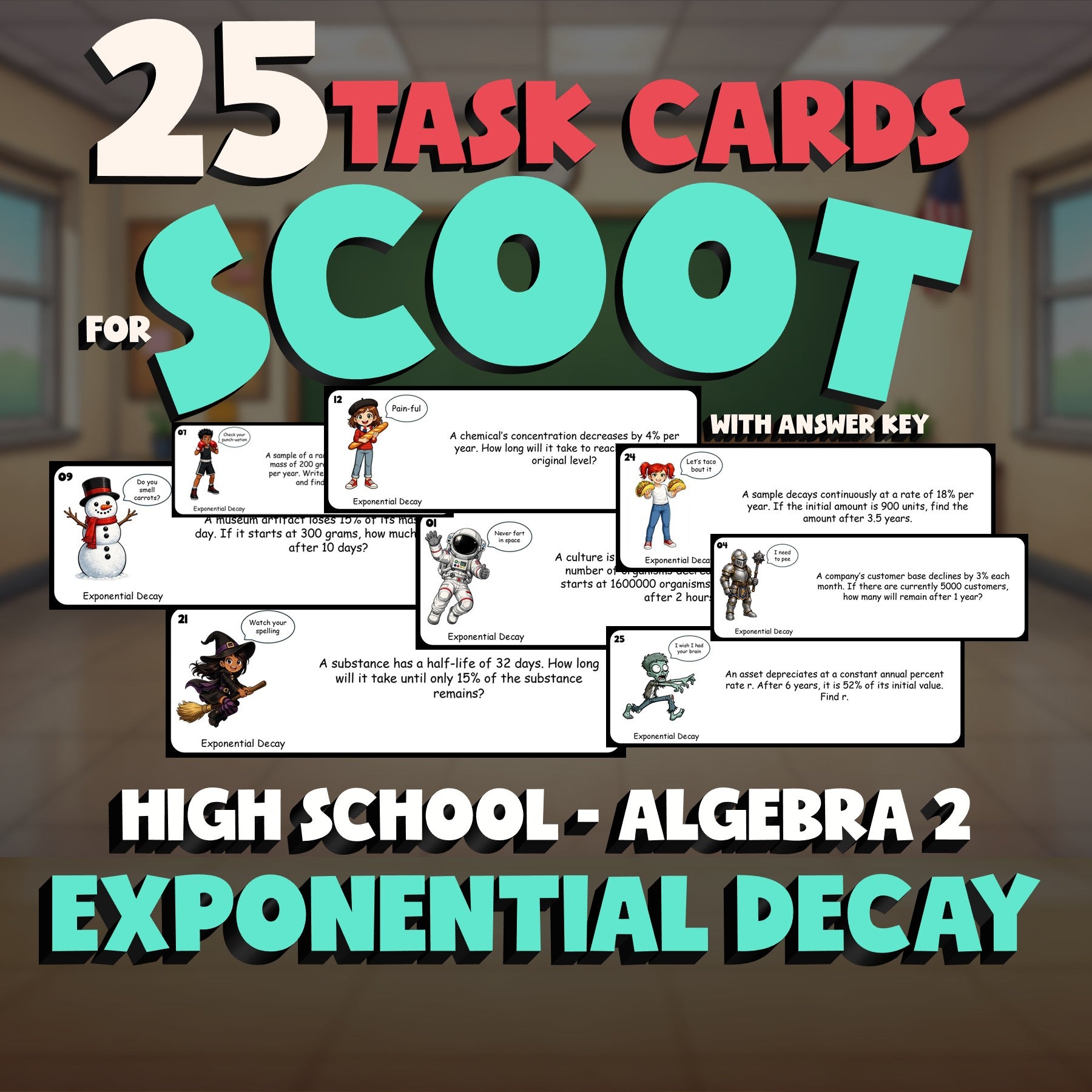 Exponential Decay SCOOT TASK CARDS Math Game - No Prep Algebra 2 Review Activity