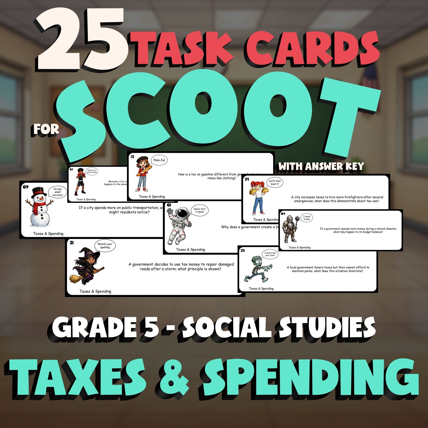 Taxes & Spending SCOOT TASK CARDS Socials Game - No Prep Grade 5 Review Activity