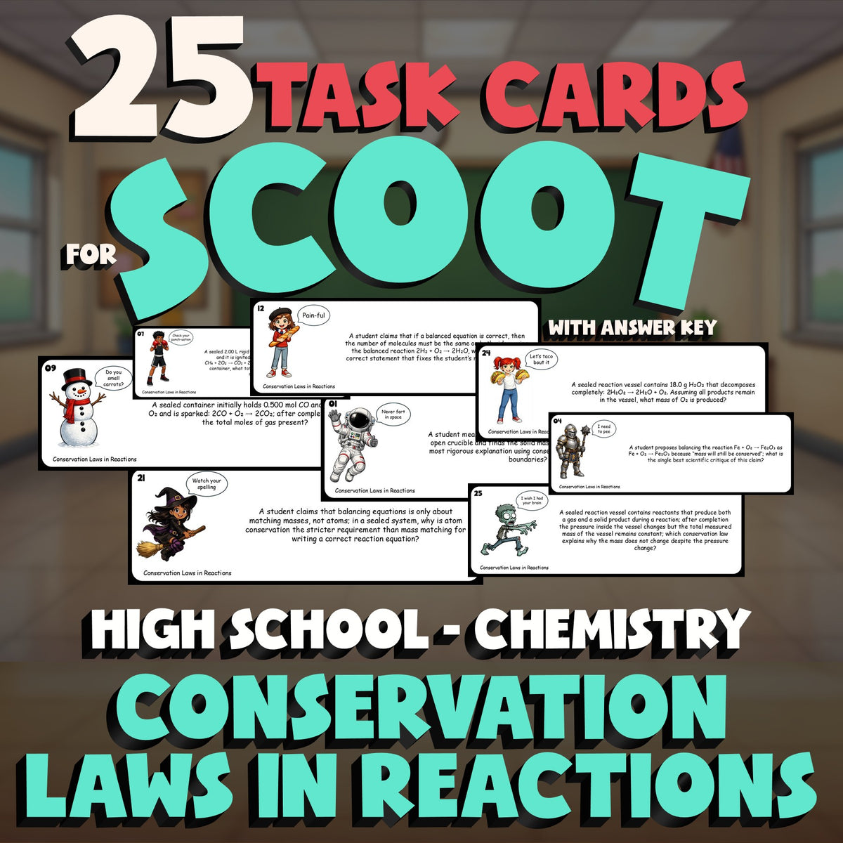 Conservation Laws in Reactions SCOOT TASK CARDS Science Game - No Prep Chemistry