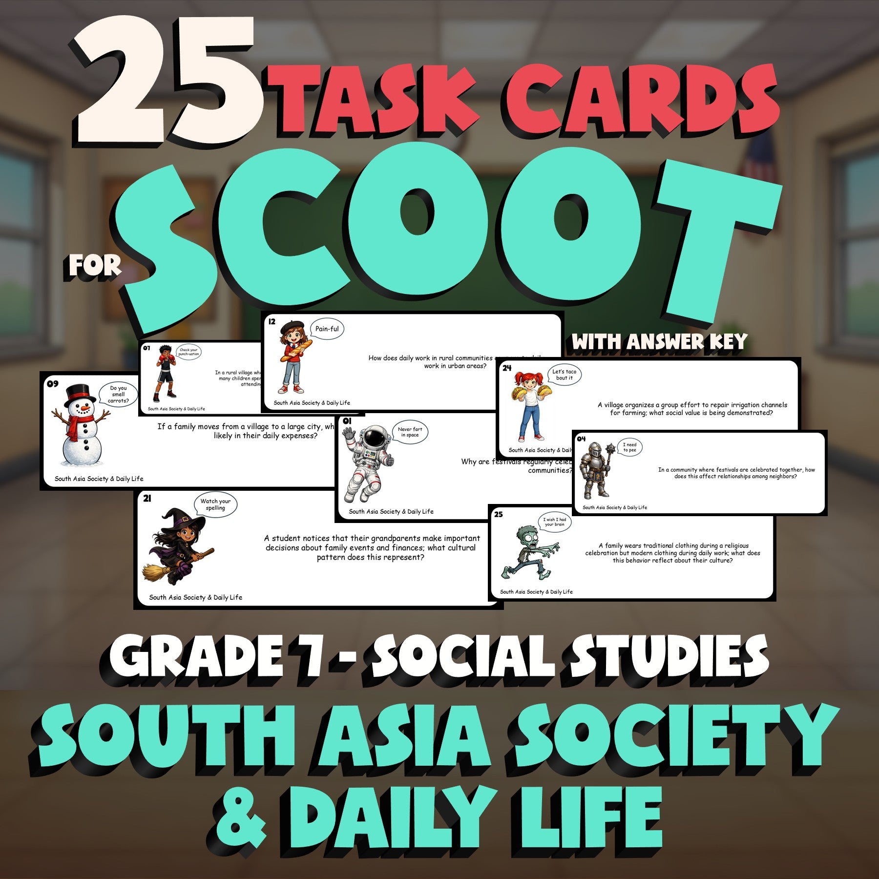 South Asia Society & Daily Life SCOOT TASK CARDS Socials Game - No Prep Grade 7