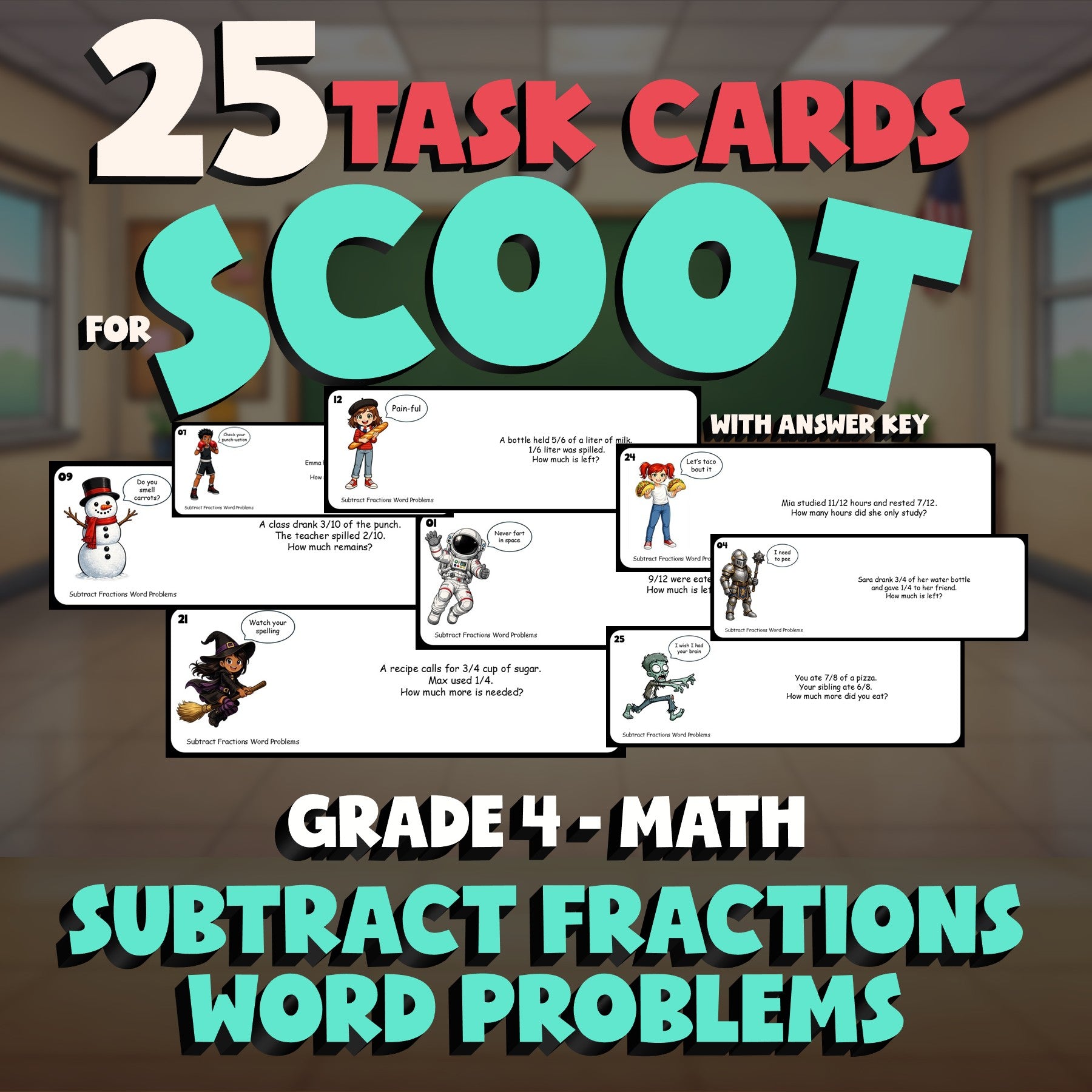 Subtract Fractions Word Problems SCOOT TASK CARDS Math Game - No Prep Grade 4