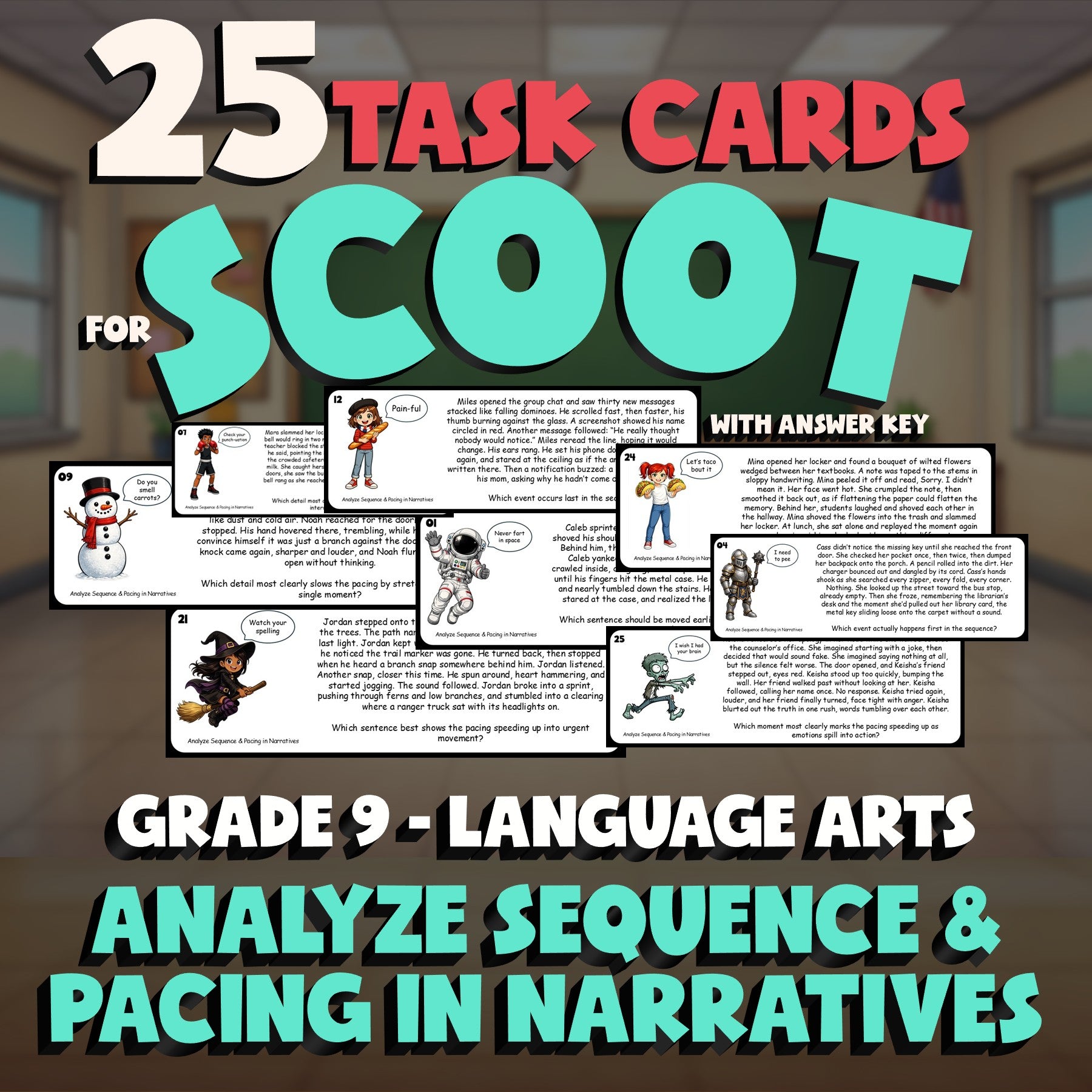 Analyze Sequence & Pacing in Narratives SCOOT TASK CARDS ELA Game - Grade 9
