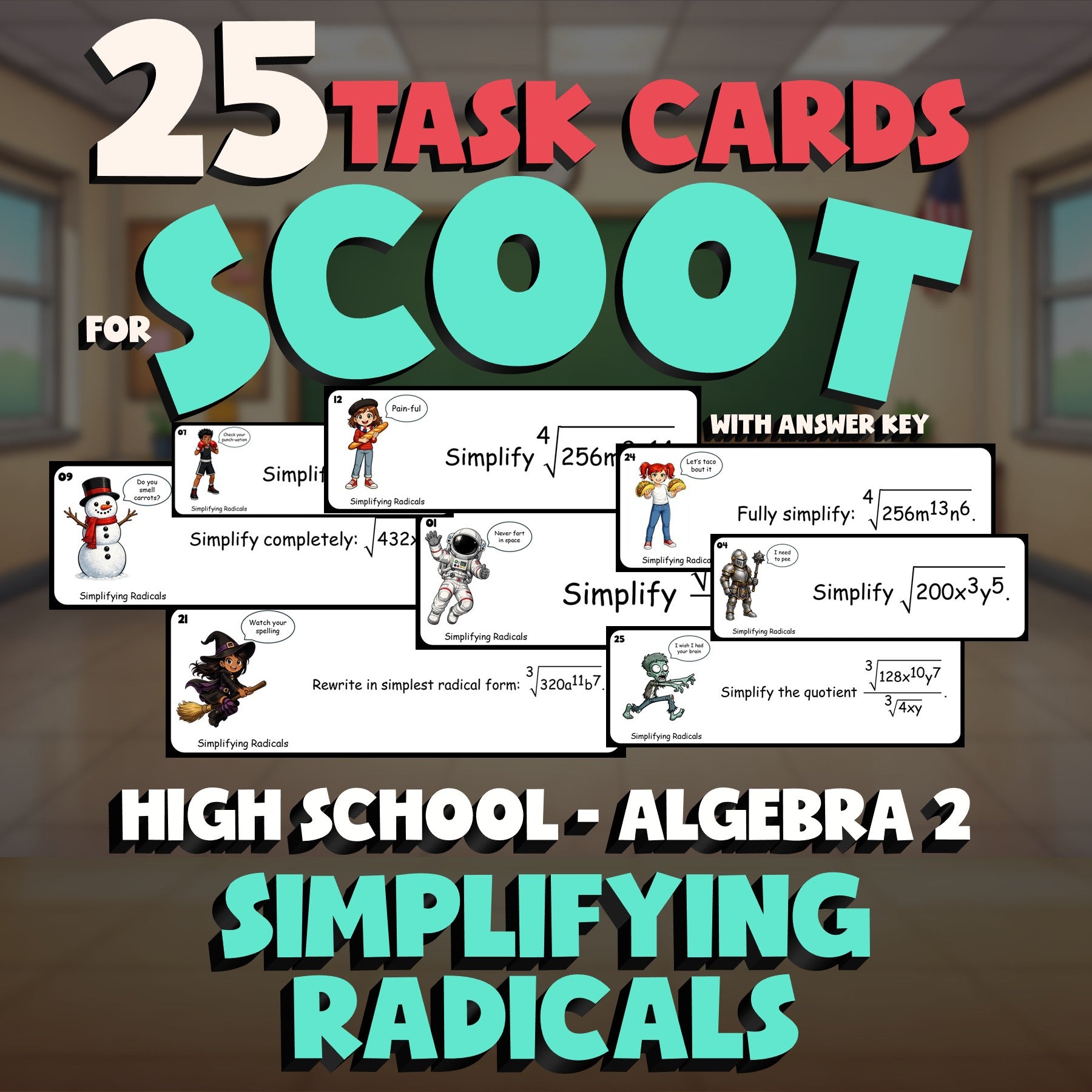 Simplifying Radicals SCOOT TASK CARDS Math Game - No Prep Algebra 2 Review