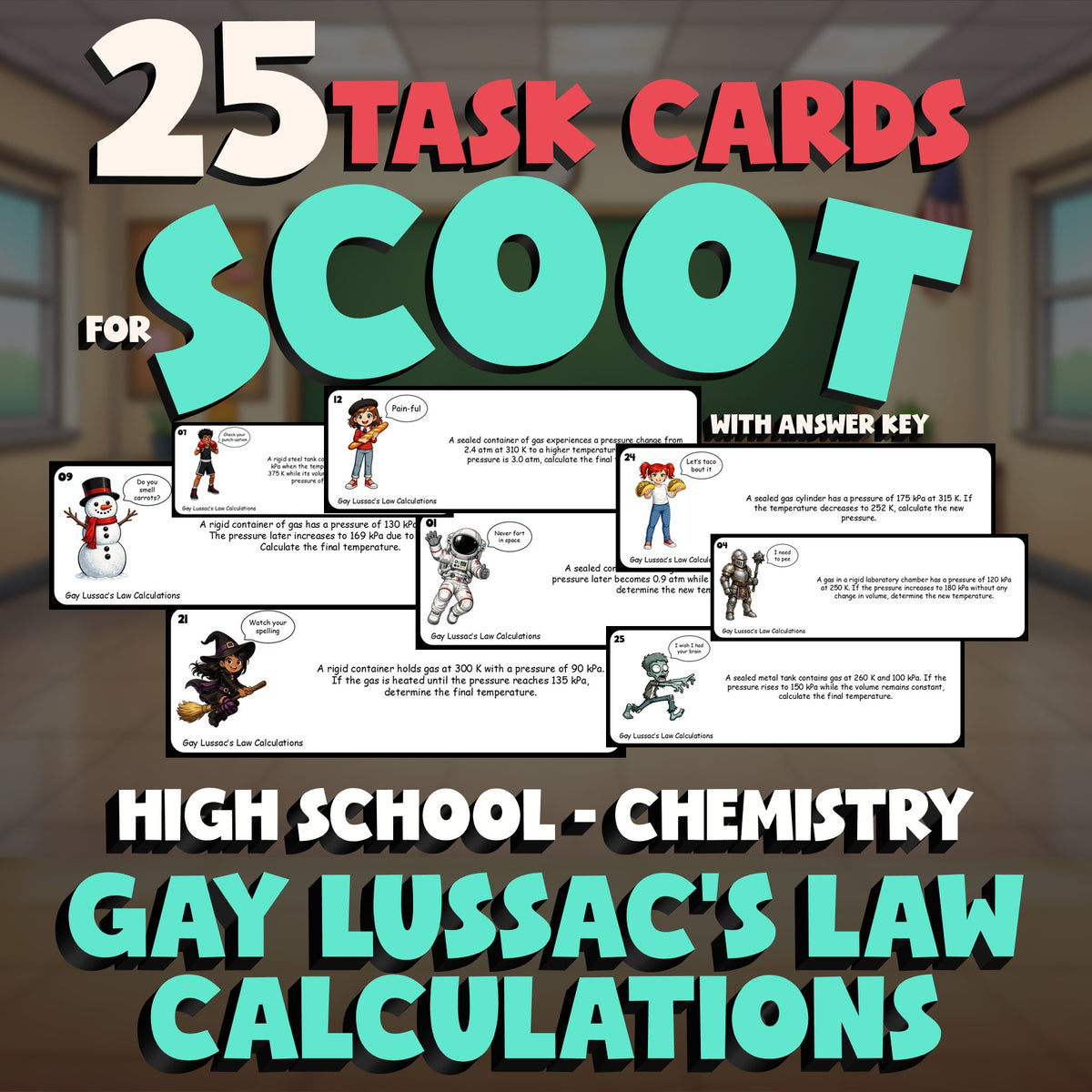 Gay Lussac’s Law Calculations SCOOT TASK CARDS Science Game - No Prep Chemistry