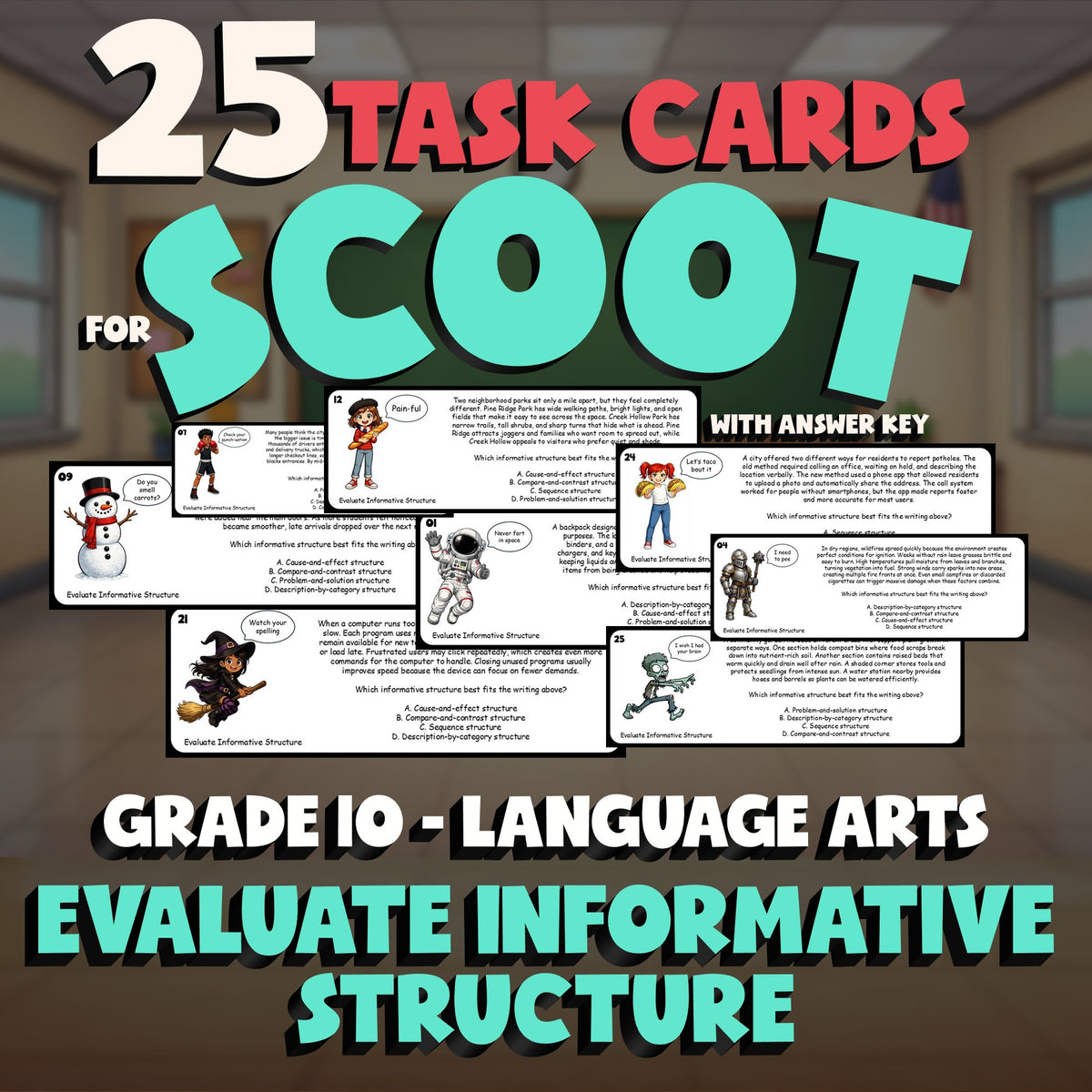 Evaluate Informative Structure SCOOT TASK CARDS ELA Game - No Prep Grade 10
