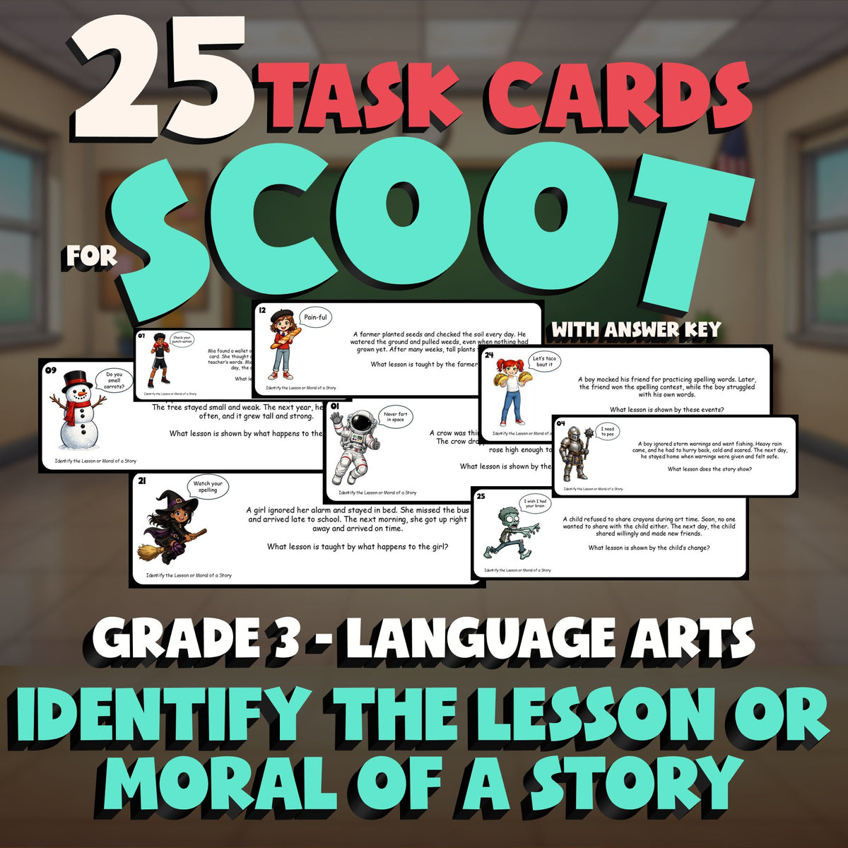 Identify the Lesson or Moral of a Story SCOOT TASK CARDS ELA Game - Grade 3