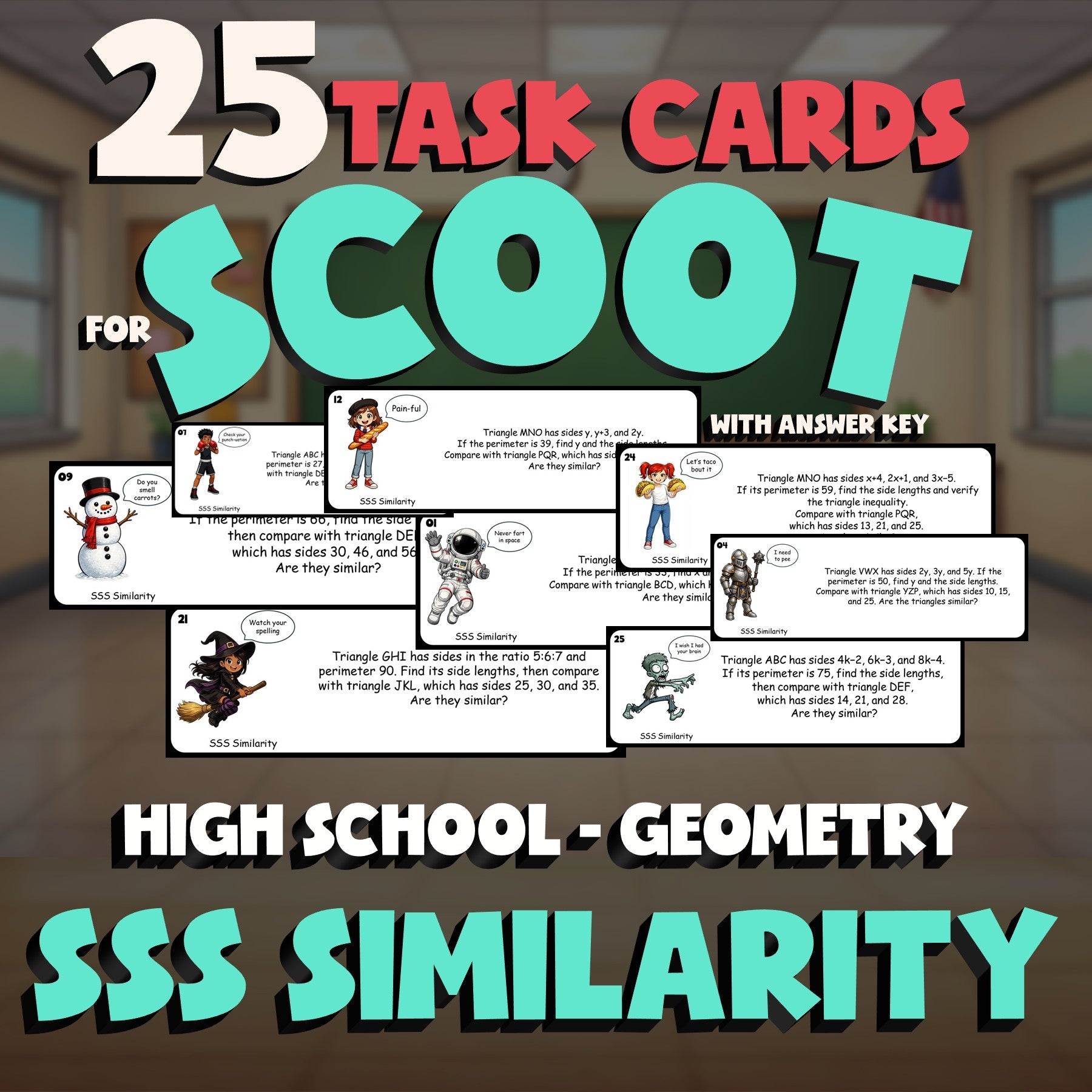 SSS Similarity SCOOT TASK CARDS Math Game - No Prep Geometry Review Activity