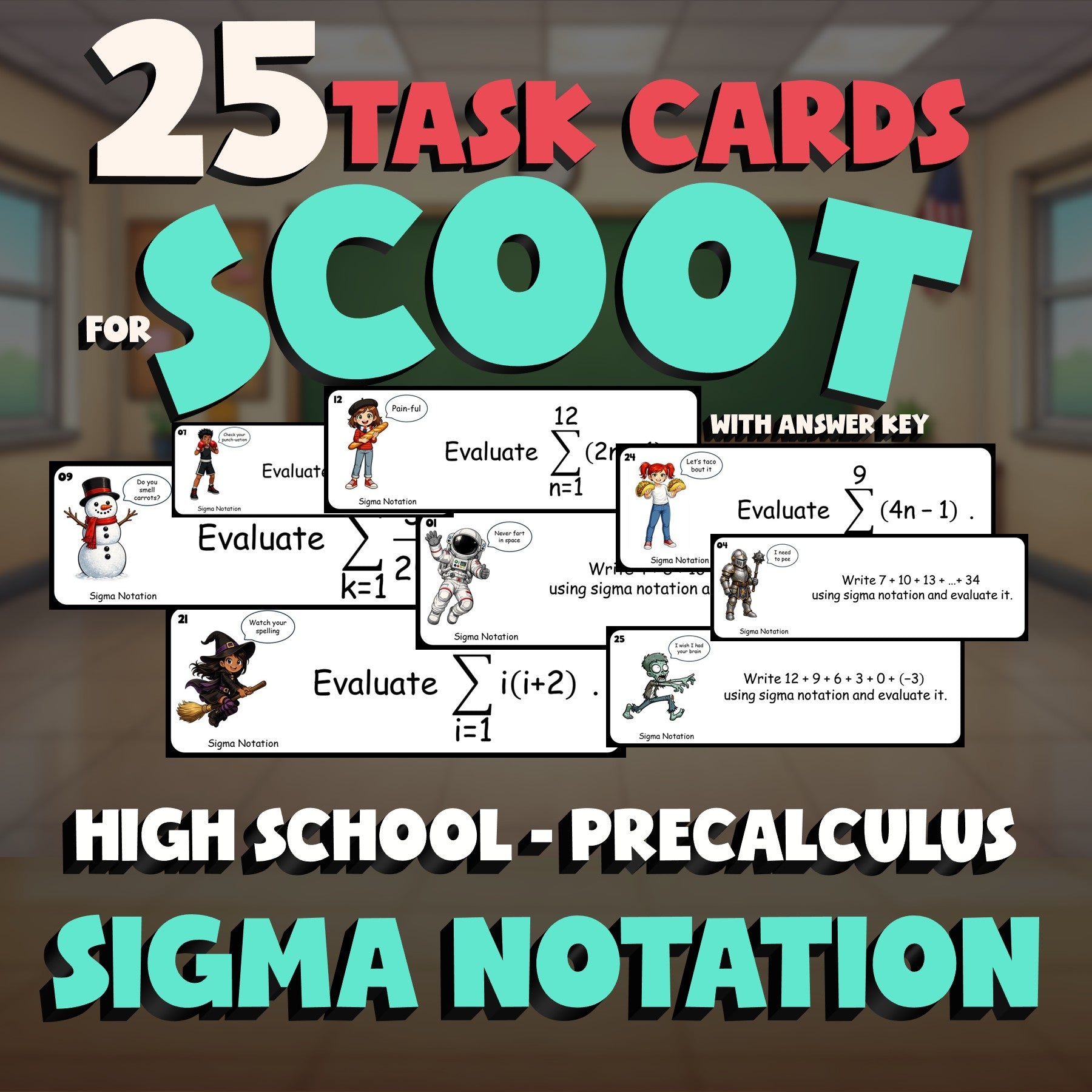 Sigma Notation SCOOT TASK CARDS Math Game - No Prep PreCalculus Review Activity
