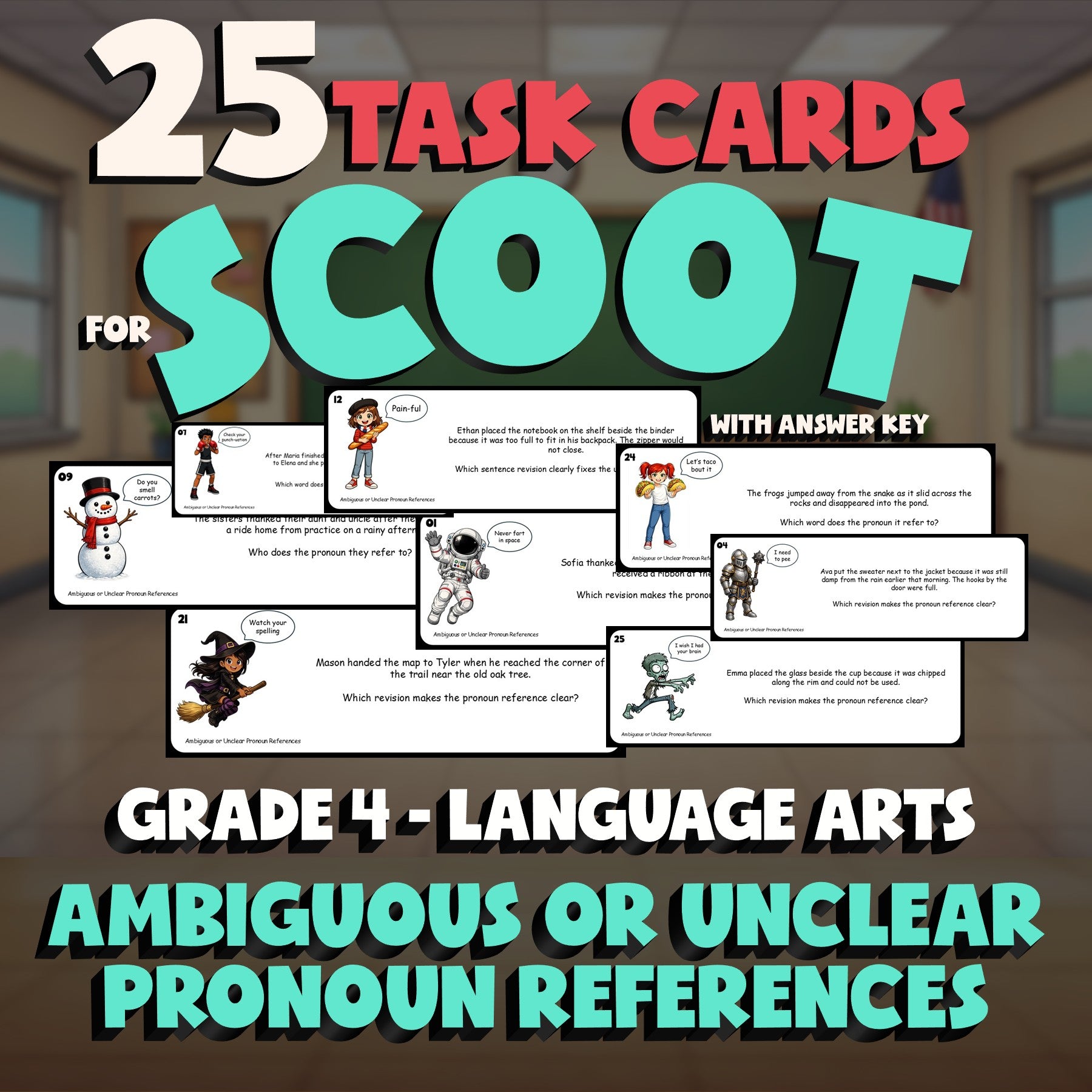 Ambiguous or Unclear Pronoun References SCOOT TASK CARDS ELA Game - Grade 4