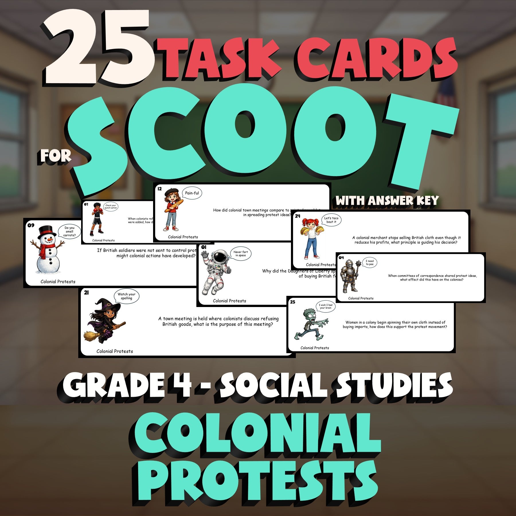 Colonial Protests SCOOT TASK CARDS Socials Game - No Prep Grade 4 Review