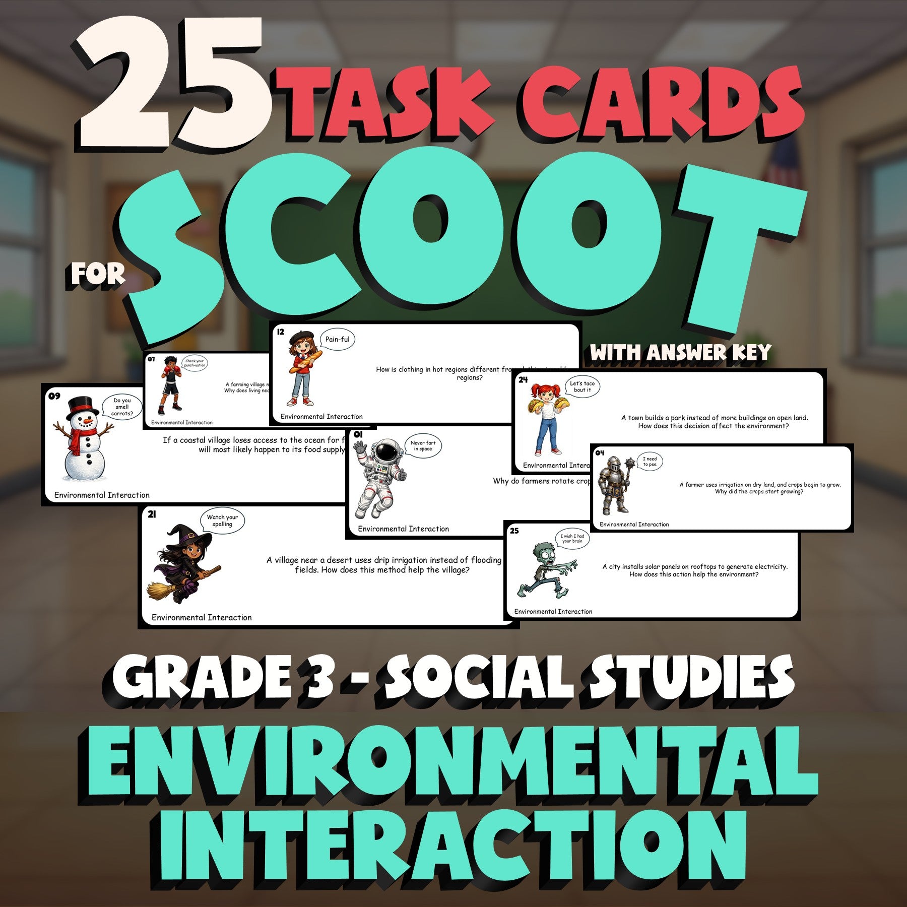 Environmental Interaction SCOOT TASK CARDS Socials Game - No Prep Grade 3 Review