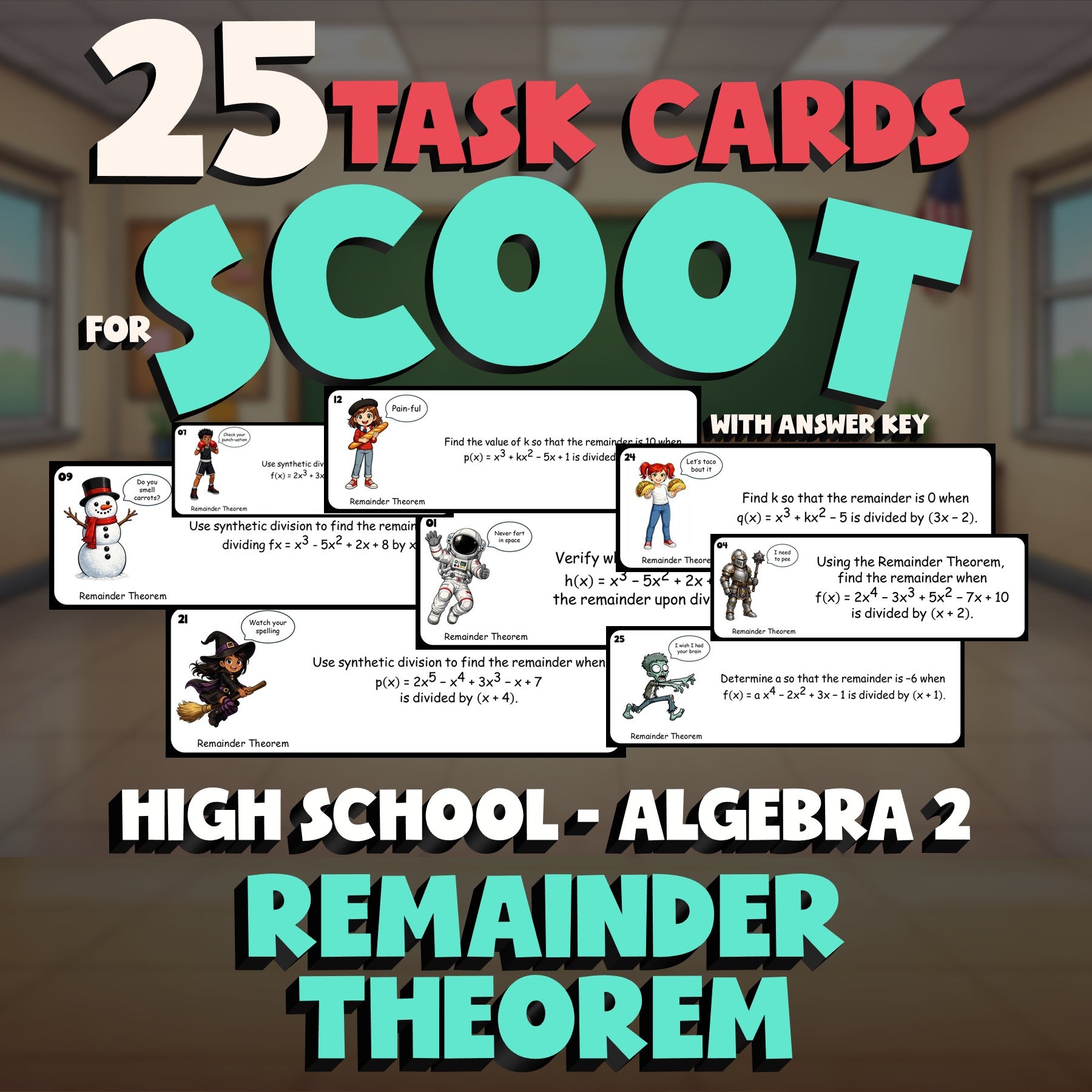 Remainder Theorem SCOOT TASK CARDS Math Game - No Prep Algebra 2 Review Activity
