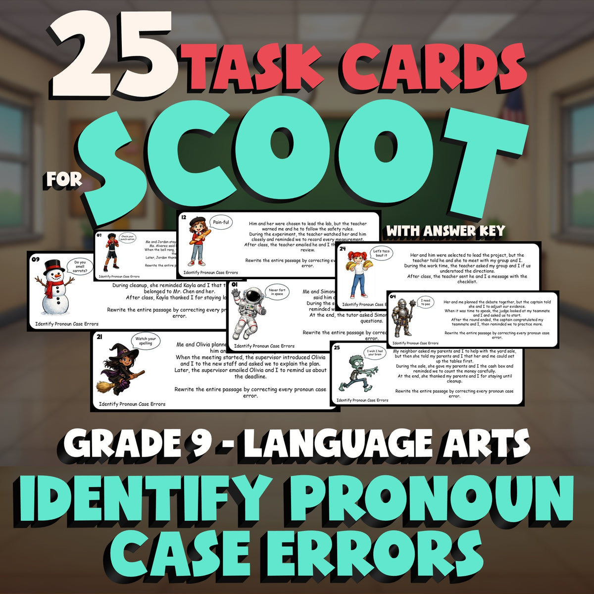 Identify Pronoun Case Errors SCOOT TASK CARDS ELA Game - No Prep Grade 9 Review