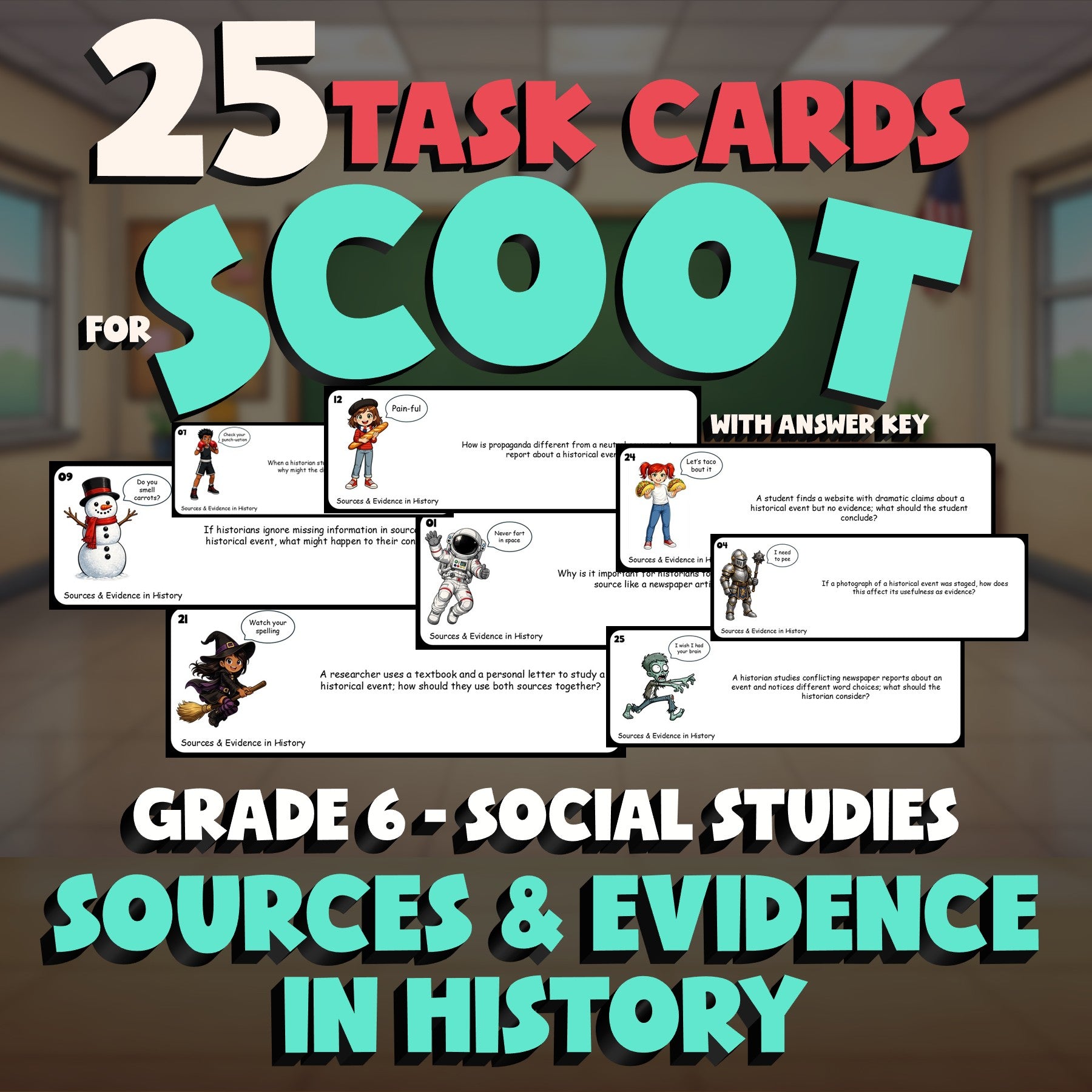 Sources & Evidence in History SCOOT TASK CARDS Socials Game - No Prep Grade 6