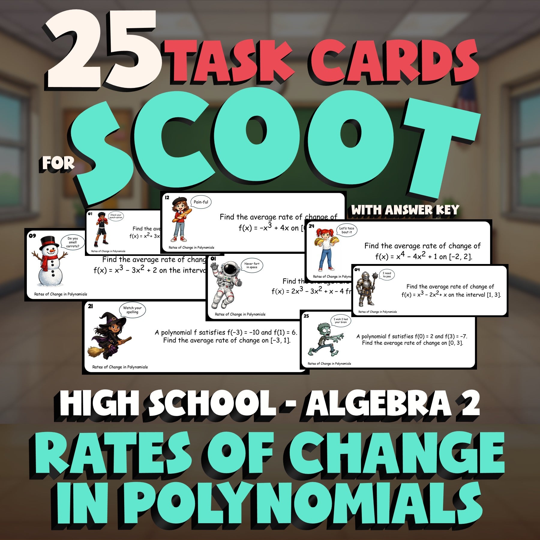 Rates of Change in Polynomials SCOOT TASK CARDS Math Game - No Prep Algebra 2