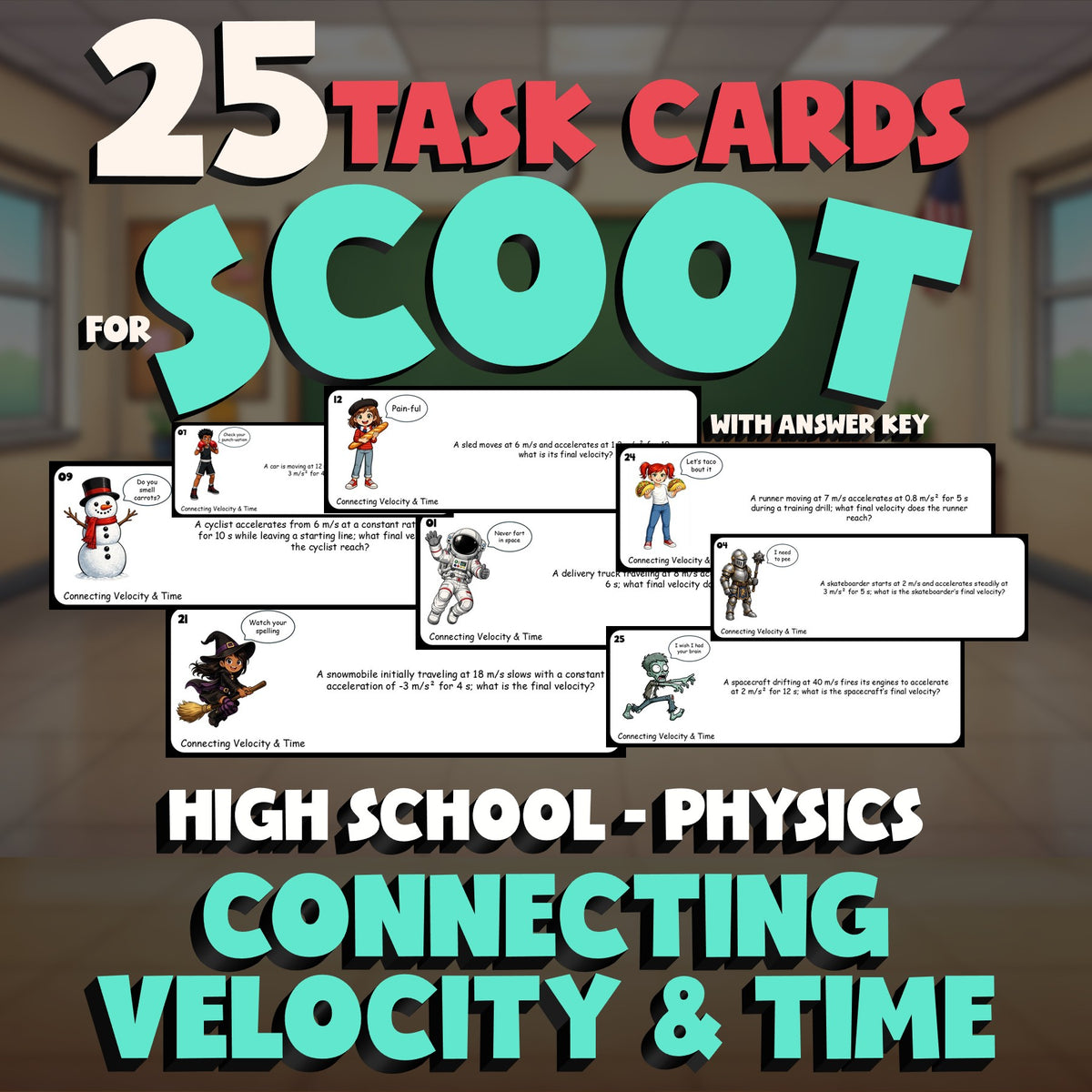 Connecting Velocity & Time SCOOT TASK CARDS Science Game - No Prep Physics
