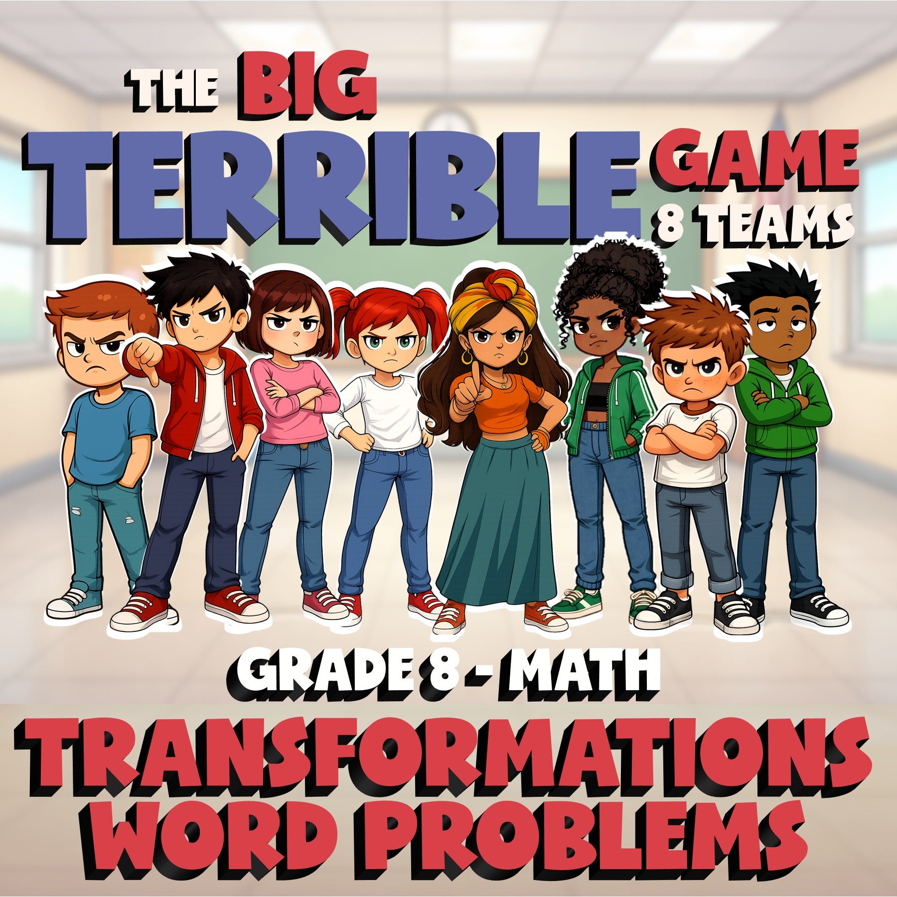 Transformations Word Problems BIG TERRIBLE GAME - No Prep Grade 8 Math Review