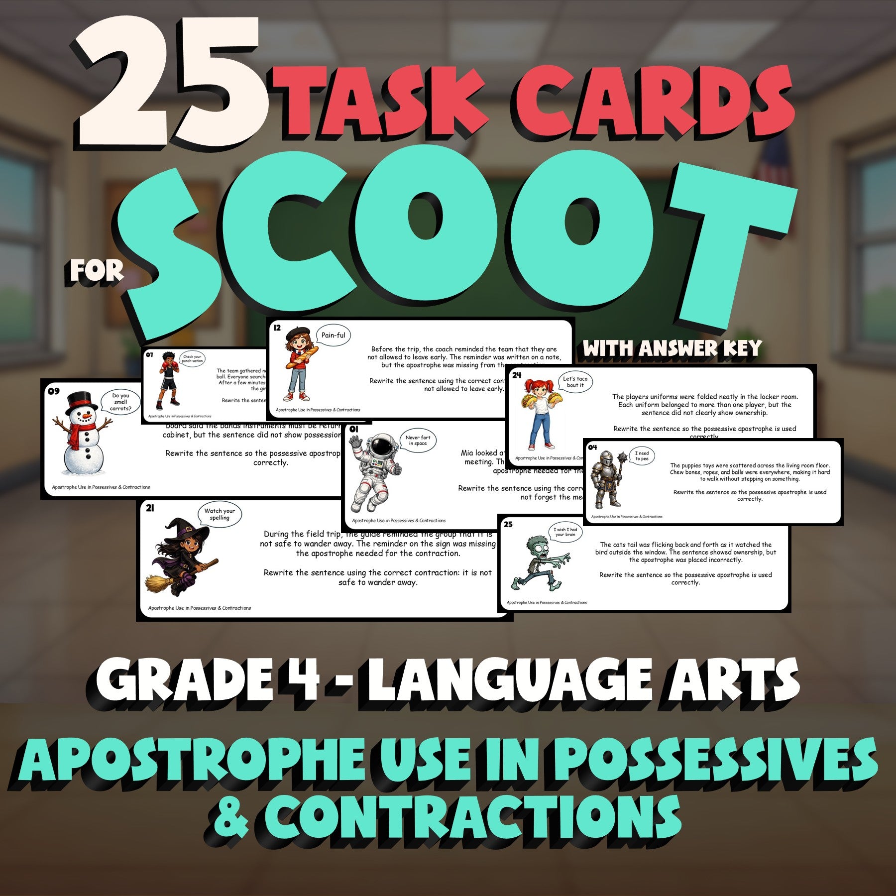 Apostrophe Use in Possessives & Contractions SCOOT TASK CARDS ELA Game - Grade 4