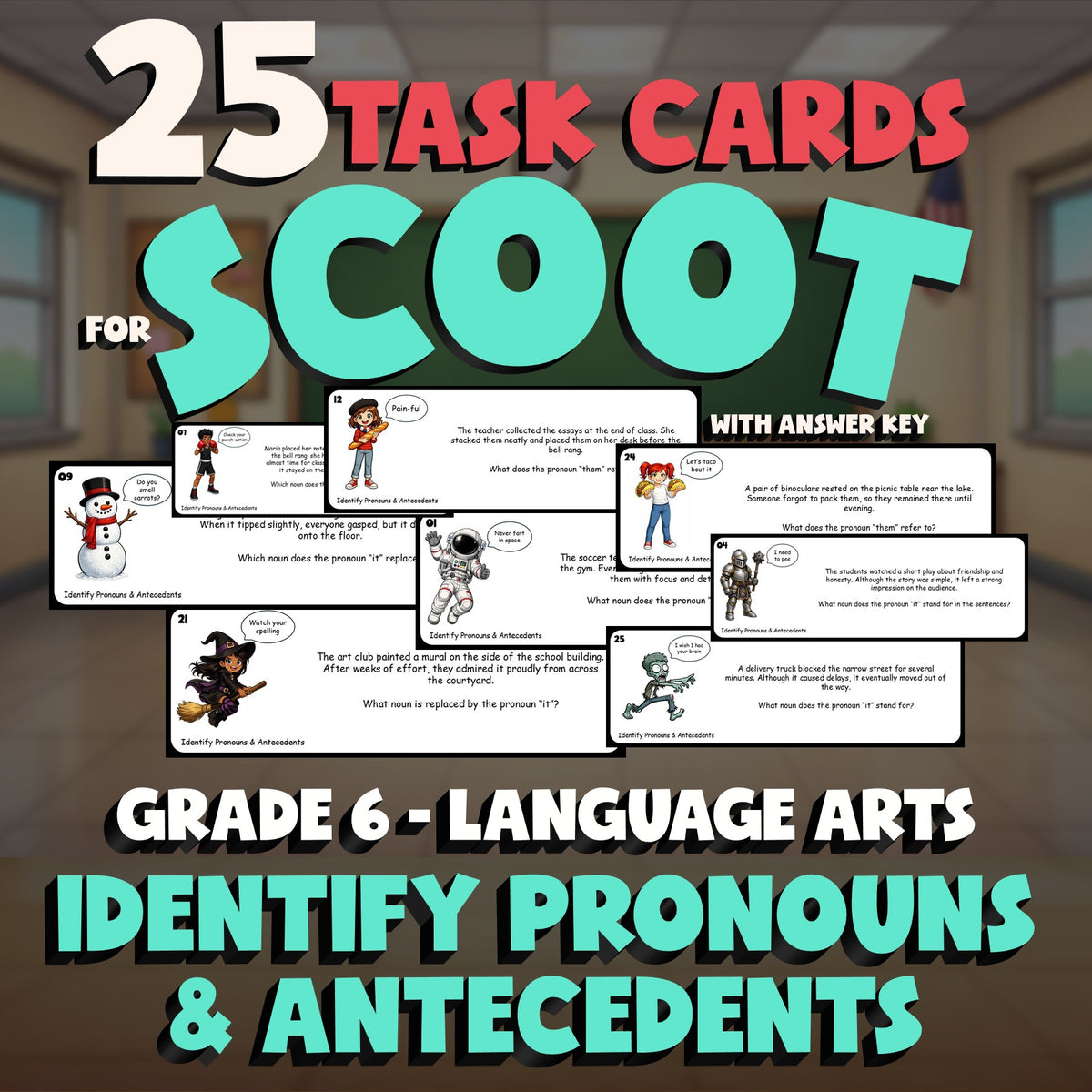 Identify Pronouns & Antecedents SCOOT TASK CARDS ELA Game - No Prep Grade 6