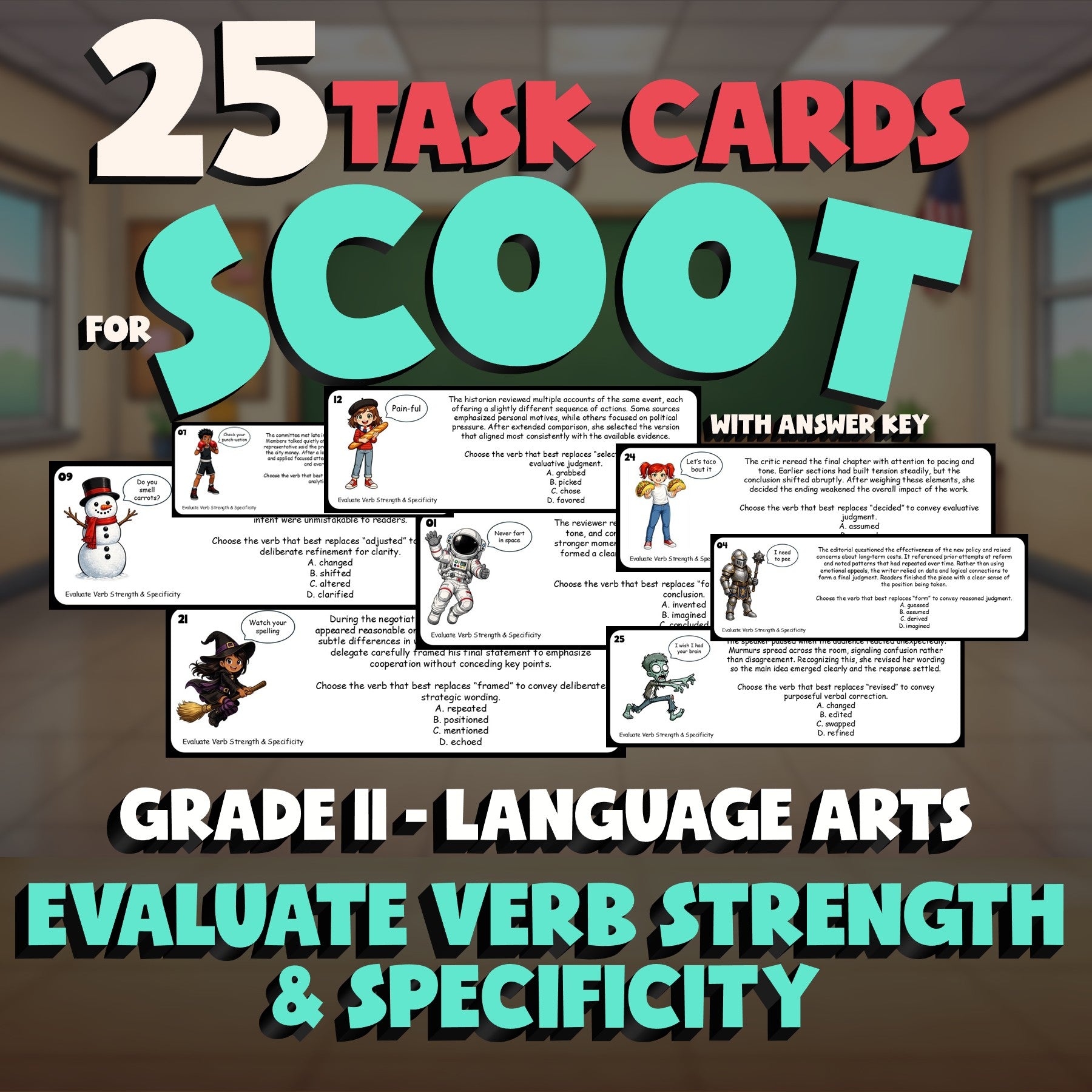 Evaluate Verb Strength & Specificity SCOOT TASK CARDS ELA Game - Grade 11