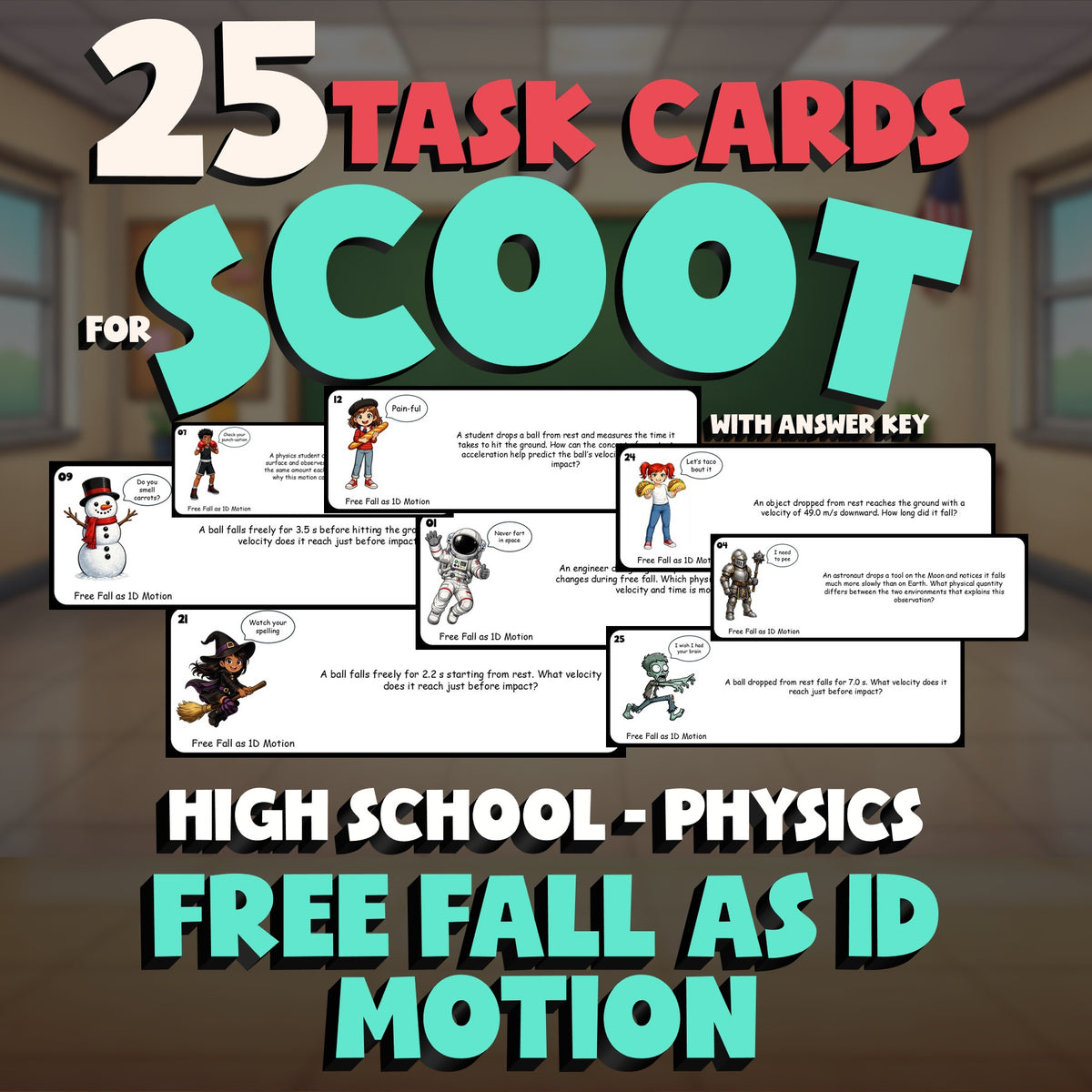 Free Fall as 1D Motion SCOOT TASK CARDS Science Game - No Prep Physics Review